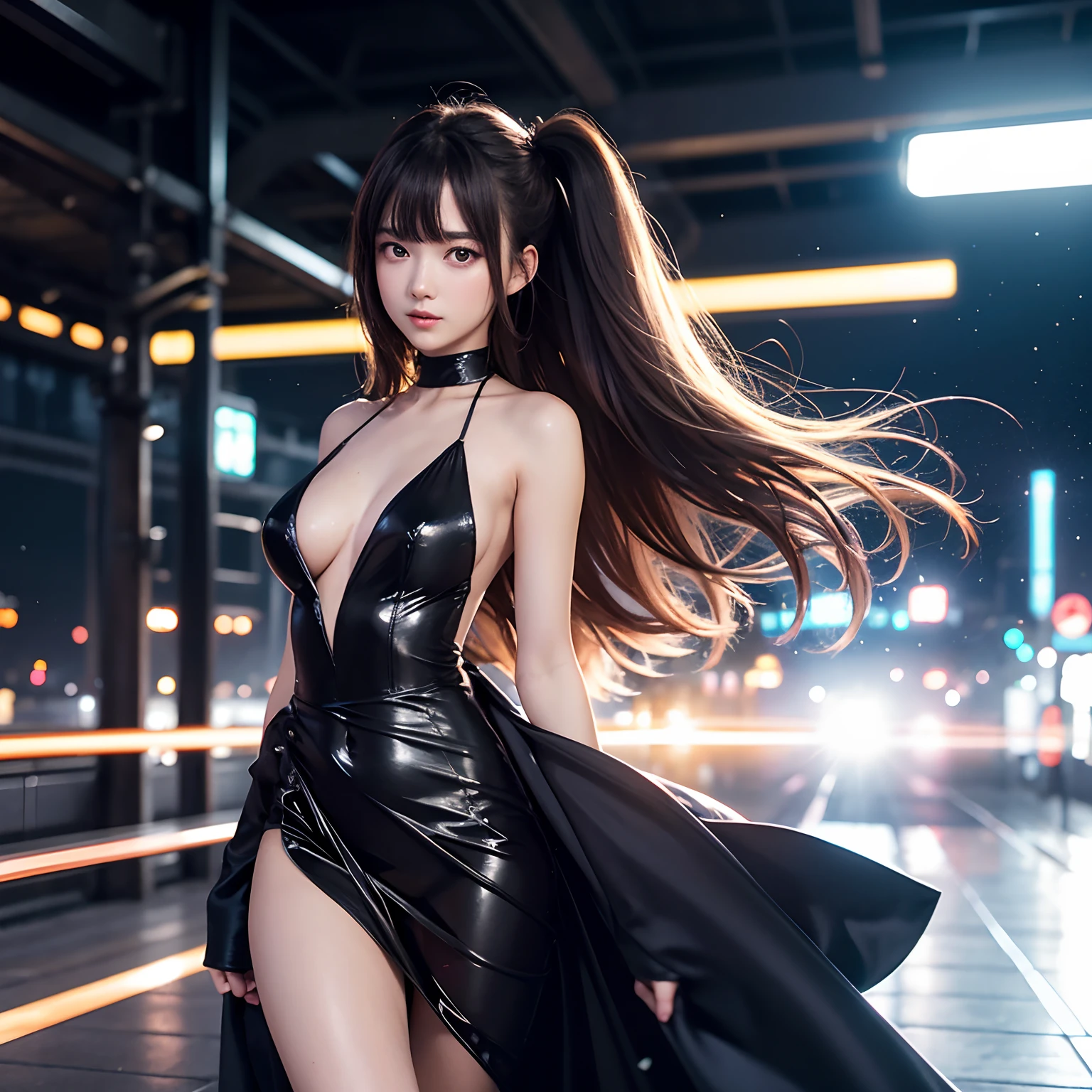 finest image, very cute woman 22 years old, round face, amorous expression, lewd expression, ecstasy, orgasm, light brown long straight bangs, iridescent hair, big round double eyes, medium breasts, slender, perfect proportion, long thin legs, a gorgeous long dress made of black satin fabric with a large V-shaped opening at the chest and back, walking, that emits fantastic light, light particles, light sparkles, iridescent light particles, blurry background on the station platform, professional lighting