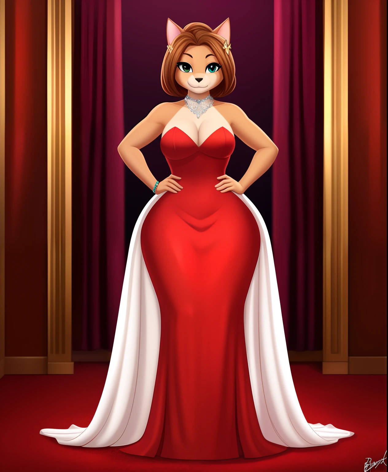 Blonde polar bear woman, wearing a backless Santa dress, perfect face, blue eyes, big breasts, cleavage, three-quarter view, solo, smile, perfect detailed body, pink lipstick, hand on hips, gold earring,