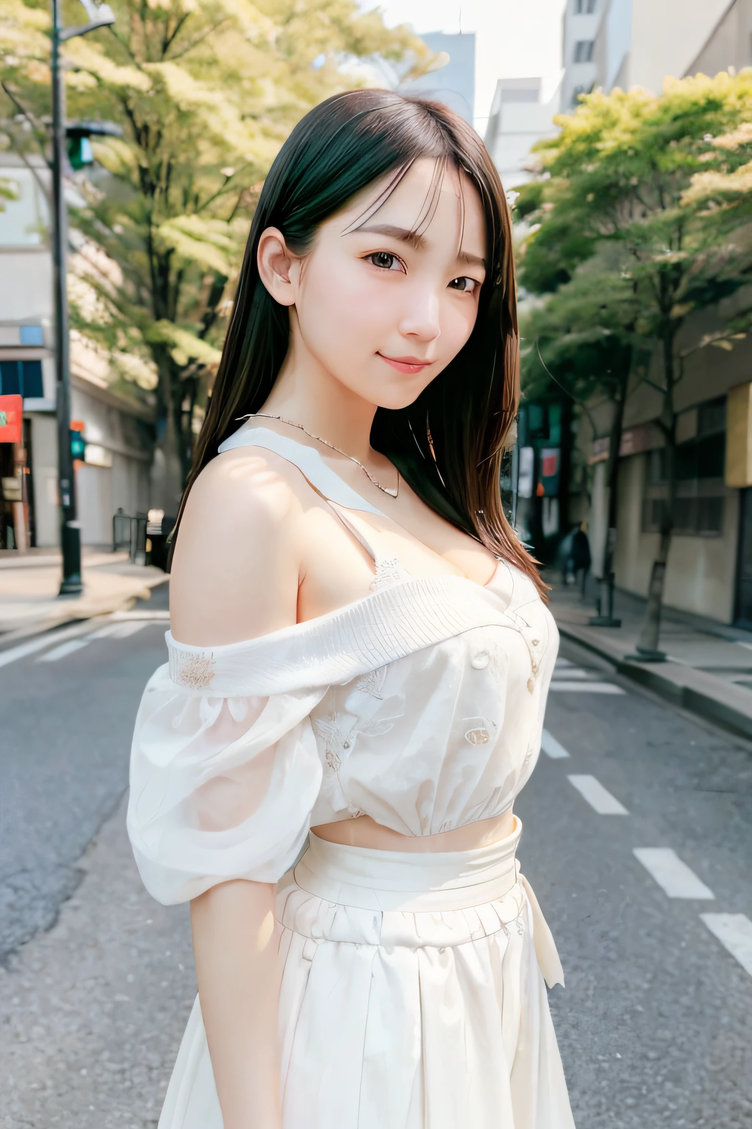 (skin blemish:1.2), (skindentation), black eye, 1woman, 25yo, (((woman))), solo, realistic, best quality, photorealistic, masterpiece, 8k, high res, solo, extremely detailed face, (professional lighting, bokeh), (light particles, lens flare, glowing particles:0.6), (dynamic pose:1.2), soft lighting, top angle view, fashionable and trendy atmosphere, japan, street, tokyo, city, ((daytime)), sky, ((looking at the viewer:1)), (looking at the camera),(portrait:0.6), cowboy shot, gorgeous, standing, keep original facial proportion, wide shoulder, full body, (small breast), (medium hair), brown hair, floating hair, lips, lipstick, seductive smile, floating hair, smile, open_mouth, teeth, (white blouse), (jumper skirt), eyelashes, mole, (mole under eye:1),