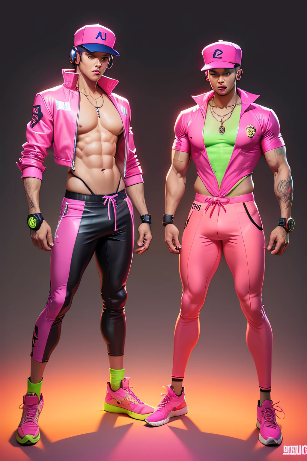 an illustration of a man in a neon hot pink, neon yellow and neon orange outfit, new costume concept, hip hop style, wears a cap with big headphones, full body concept, Character posing, full body in costume, fighting game character, ((character concept art)), concept character, zeppeli gyroscope, full body character concept, light clothing design, clothing design