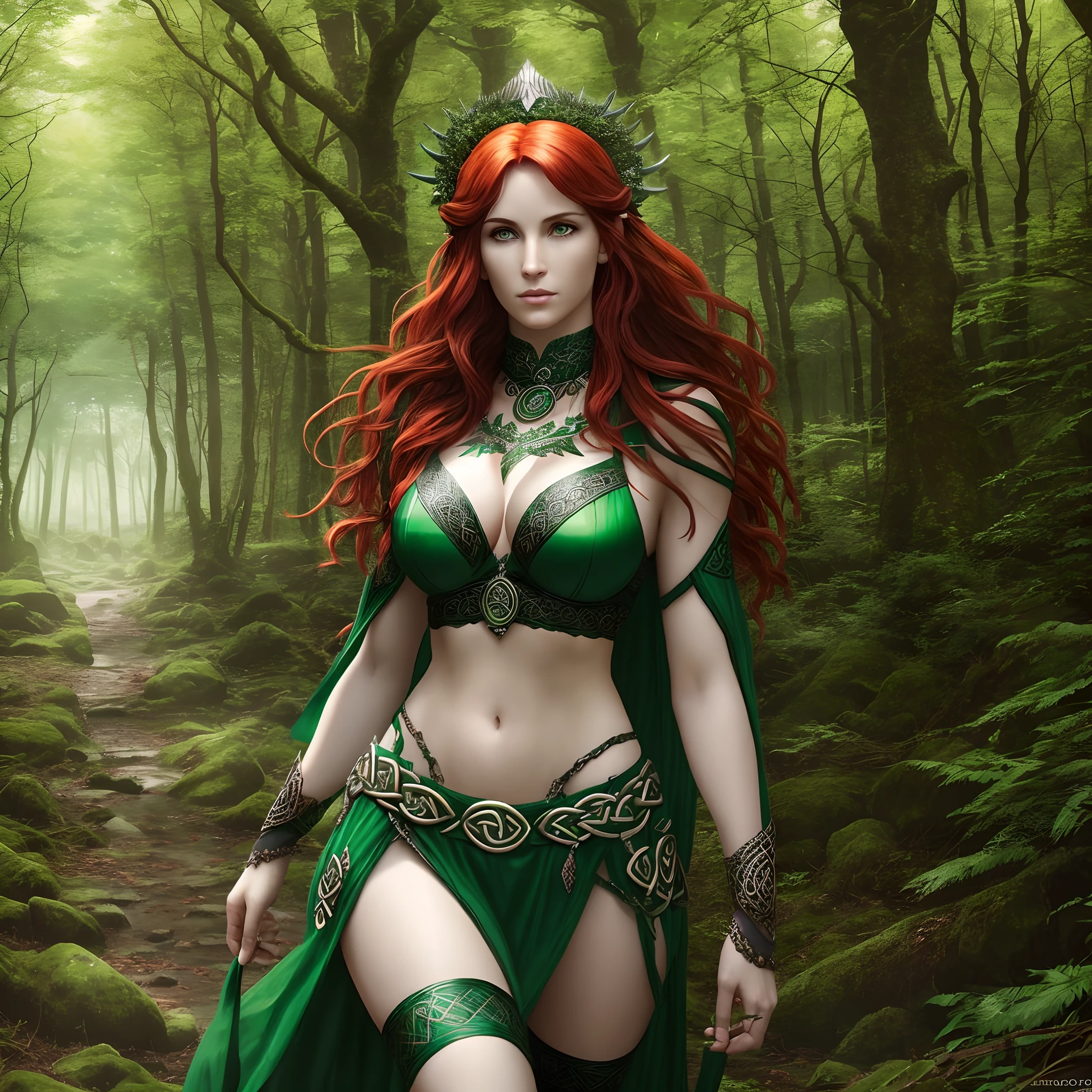 photorealisic image of the celtic goddess morrigan walking through the welsh forest red hair green eyes --auto --s2