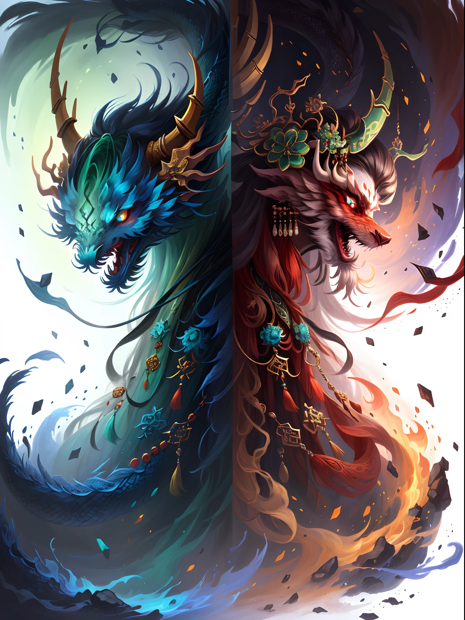 Photorealsitic，true to life，Close-up of the long-horned blue dragon, Red and green combination，Onmyoji detailed art, cyan chinese dragon fantasy, Detailed digital 2D fantasy art, asura from chinese myth, onmyoji portrait, chinese dragon concept art, chengwei pan on artstation, 4k highly detailed digital art, 4K detailed digital art, drak