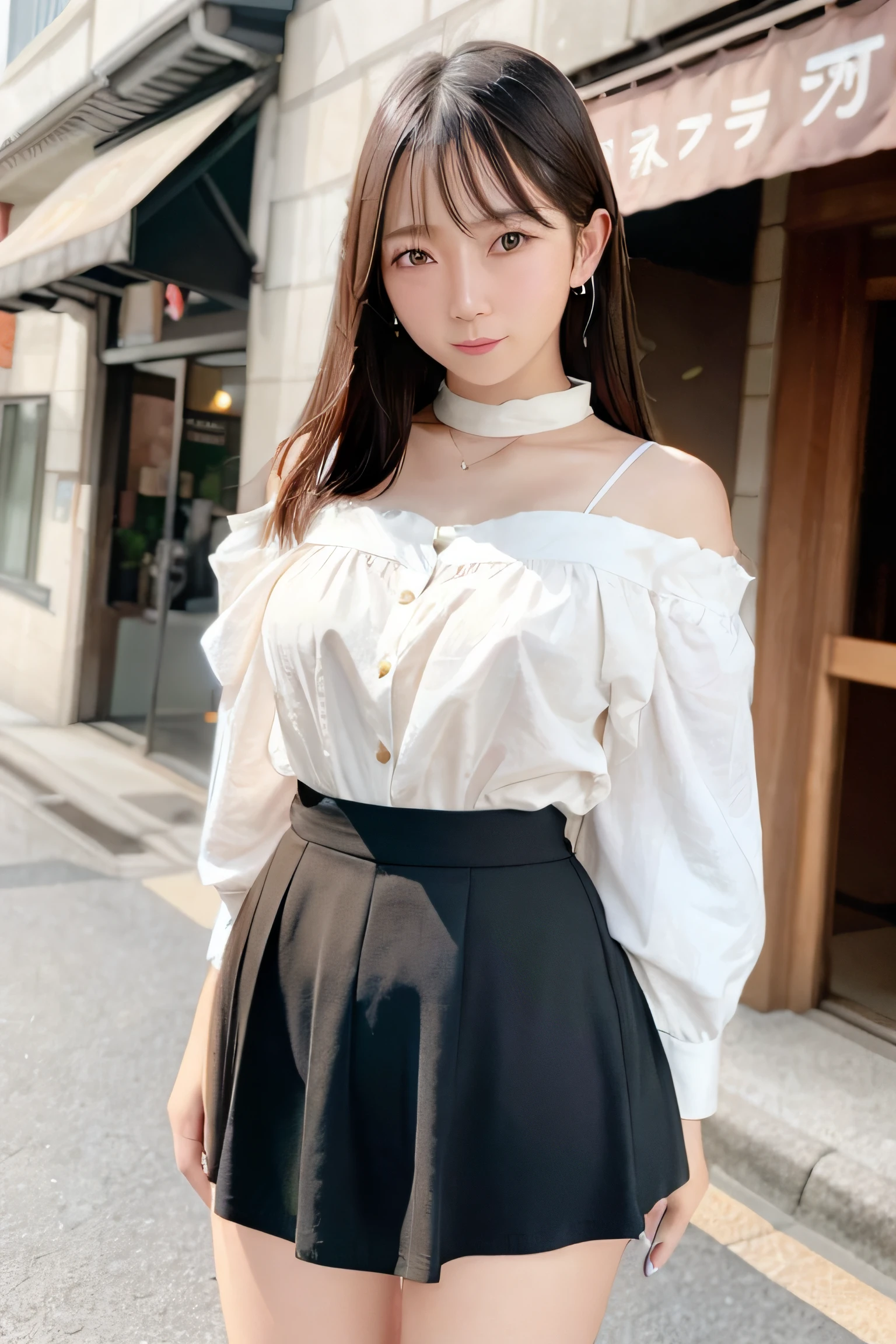 (skin blemish:1.2), (skindentation), black eye, 1woman, 25yo, (((woman))), solo, realistic, best quality, photorealistic, masterpiece, 8k, high res, solo, extremely detailed face, (professional lighting, bokeh), (light particles, lens flare, glowing particles:0.6), (dynamic pose:1.2), soft lighting, top angle view, fashionable and trendy atmosphere, japan, street, tokyo, city, ((daytime)), sky, ((looking at the viewer:1)), (looking at the camera),(portrait:0.6), cowboy shot, gorgeous, standing, keep original facial proportion, wide shoulder, full body, (small breast), (medium hair), brown hair, floating hair, lips, lipstick, seductive smile, floating hair, smile, open_mouth, teeth, (sleeves less white blouse), (jumper skirt), eyelashes, mole, (mole under eye:1),