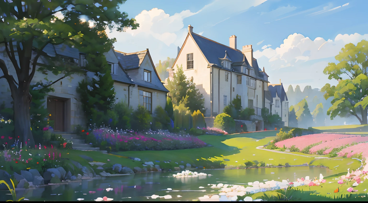 (Watercolor in Sargent style)、(top-quality、​masterpiece)、Soft light、View of the Cotswolds,Stone House、Flowers blooming on the walls of the house、Nearby creeks、flower  field、Morning haze、