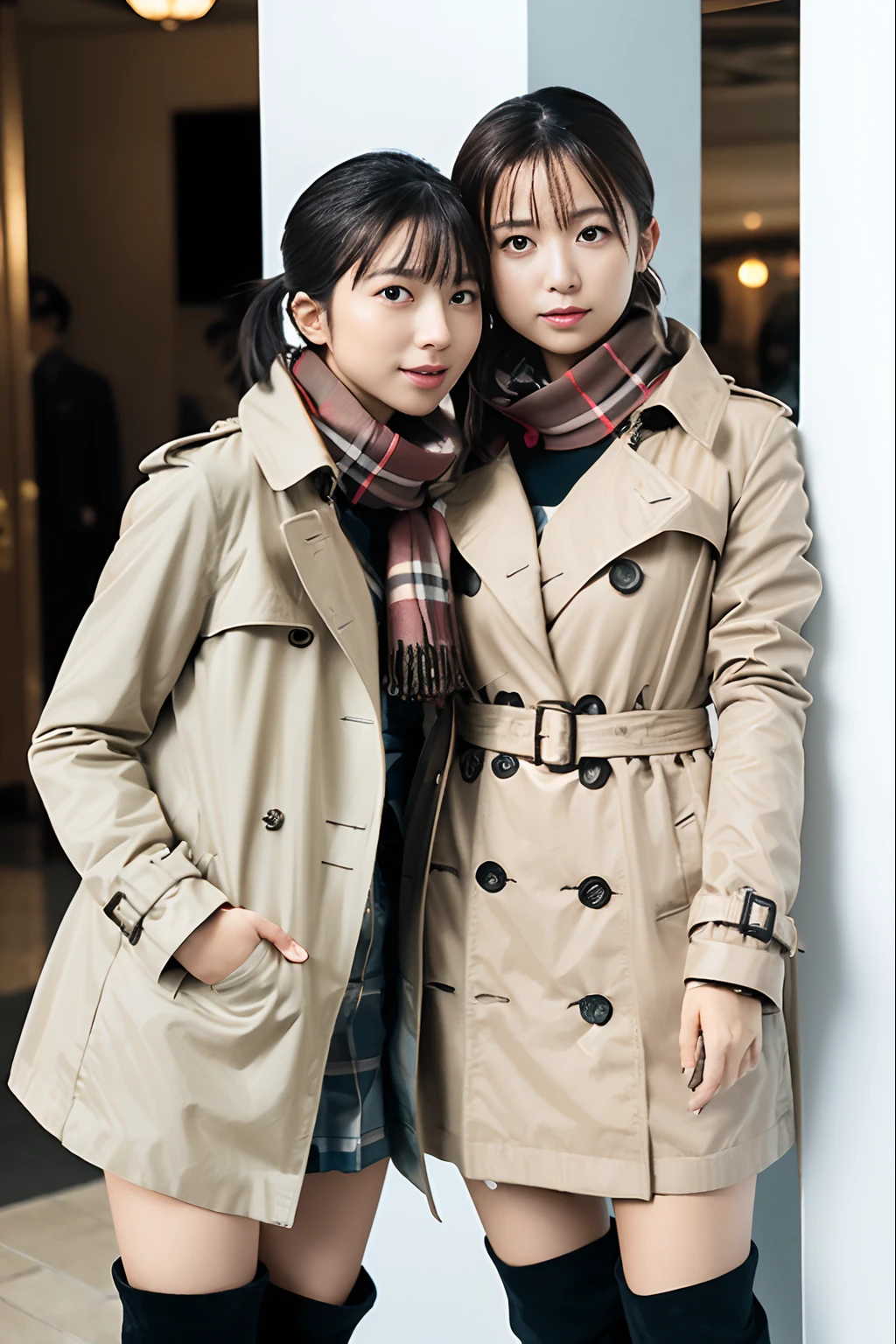 (realisitic、Photorealsitic:1.37)、(masterpiece、top-quality:1.2)、(超A high resolution:1.2)、(Raw photography:1.2)、(foco nítido:1.3)、(Face Focus:1.2)、(Ultra detailed CG unified 8k wallpaper:1.2)、(Beautiful skin:1.2)、(pale-skinned:1.3)、(hyper-sharp focus:1.5)、(Ultra Sharp Focus:1.5)、(Beautiful clean face:1.3)、(Ultra detailed backgrounds、detailedbackground:1.3), bokeh dof、depth of fields、BREAK、 Very cute and beautiful Japan women pictures、(22year old:1.1)、Portrait of a girl with a bright smile、((Full body shot:1.2))、Curvy body type:1.4、thicc thighs:1.4、gargantuan butt、long legged、Wearing thin white short curtains、curvy body、huge-breasted:1:4、Show thighs、((Walk in a light brown trench coat and knee-high boots, Tartan check miniskirt:1.3, Burberry, Burberry Check Scarf:1.3, Fall Winter 2023-2024))