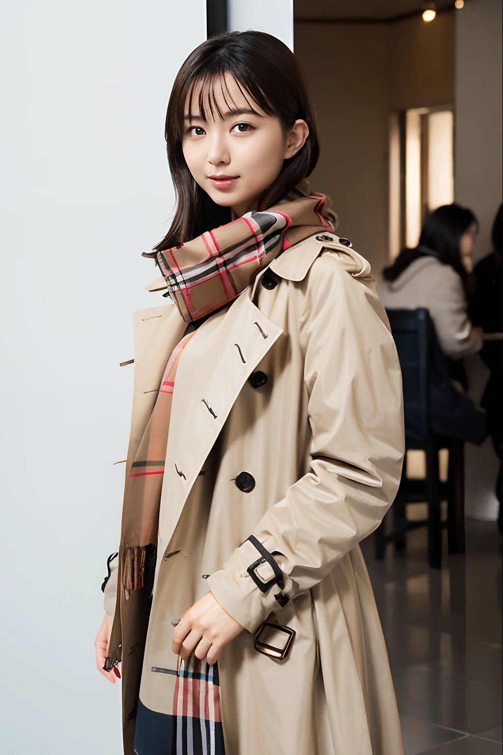 (realisitic、Photorealsitic:1.37)、(masterpiece、top-quality:1.2)、(超A high resolution:1.2)、(Raw photography:1.2)、(foco nítido:1.3)、(Face Focus:1.2)、(Ultra detailed CG unified 8k wallpaper:1.2)、(Beautiful skin:1.2)、(pale-skinned:1.3)、(hyper-sharp focus:1.5)、(Ultra Sharp Focus:1.5)、(Beautiful clean face:1.3)、(Ultra detailed backgrounds、detailedbackground:1.3), bokeh dof、depth of fields、BREAK、 Very cute and beautiful Japan women pictures、(22year old:1.1)、Portrait of a girl with a bright smile、((Full body shot:1.2))、Curvy body type:1.4、thicc thighs:1.4、gargantuan butt、long legged、Wearing thin white short curtains、curvy body、huge-breasted:1:4、Show thighs、((Walk in a light brown trench coat and knee-high boots, Tartan check miniskirt:1.3, Burberry, Burberry Check Scarf:1.3, Fall Winter 2023-2024))