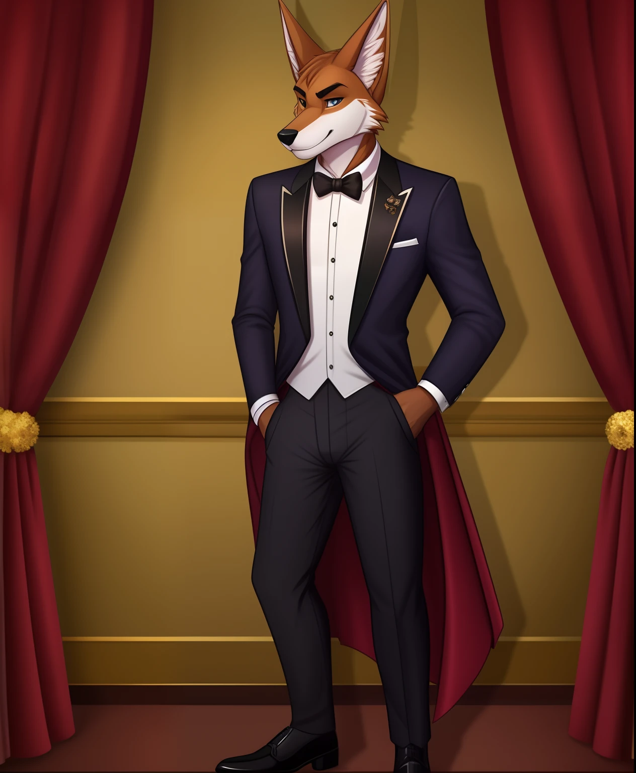 Leonard Bomani the male anthro jackal in his prom suit full body view