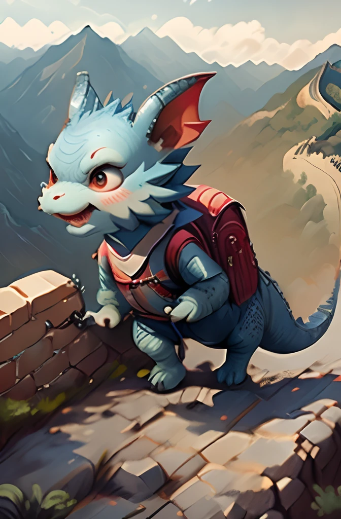 **** dragon walking on the Great Wall of China,Carrying a red backpack