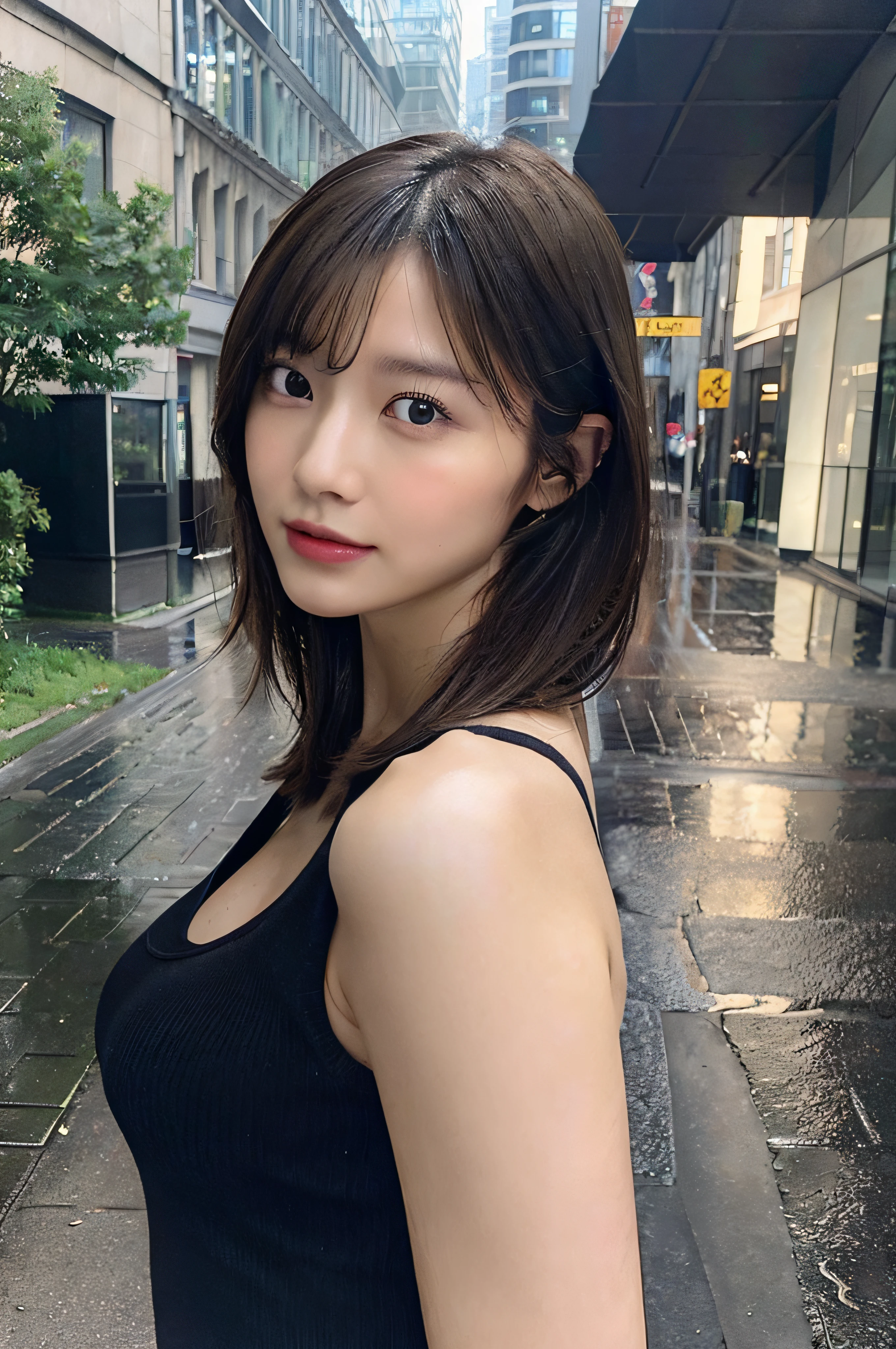 ((Best Quality, 8K, Masterpiece: 1.3)), Sharp: 1.2, Perfect Body Beauty: 1.4, Slim Abs: 1.2, ((Layered Hairstyle, Big Breasts: 1.2)), (Without shirt), (Rain, Street: 1.2), Wet: 1.5, Highly detailed face and skin texture, detailed eyes, double eyelids, side face looking at the camera nude