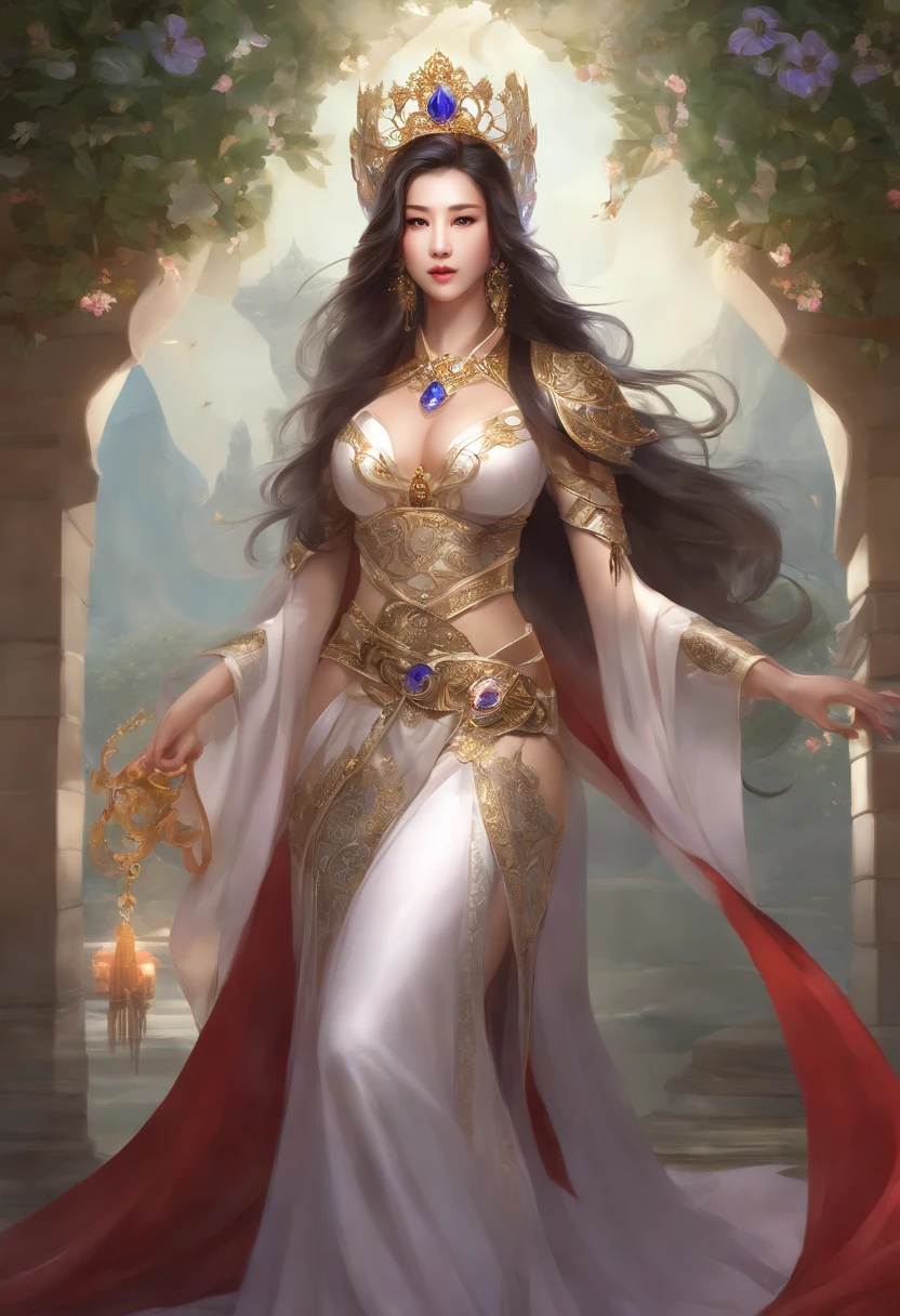a close up of a woman in a sexy transparent white gold low-cut lace armor cleavage big breasts with a lotus flower in her hand, head jewelry, violet necklace, jade belt , toned abs, a beautiful fantasy empress, ((a beautiful fantasy empress)), beautiful celestial mage, beautiful character painting, full body xianxia, portrait knights of zodiac girl, by Yang J, g liulian art style, fantasy art style, foreshortening