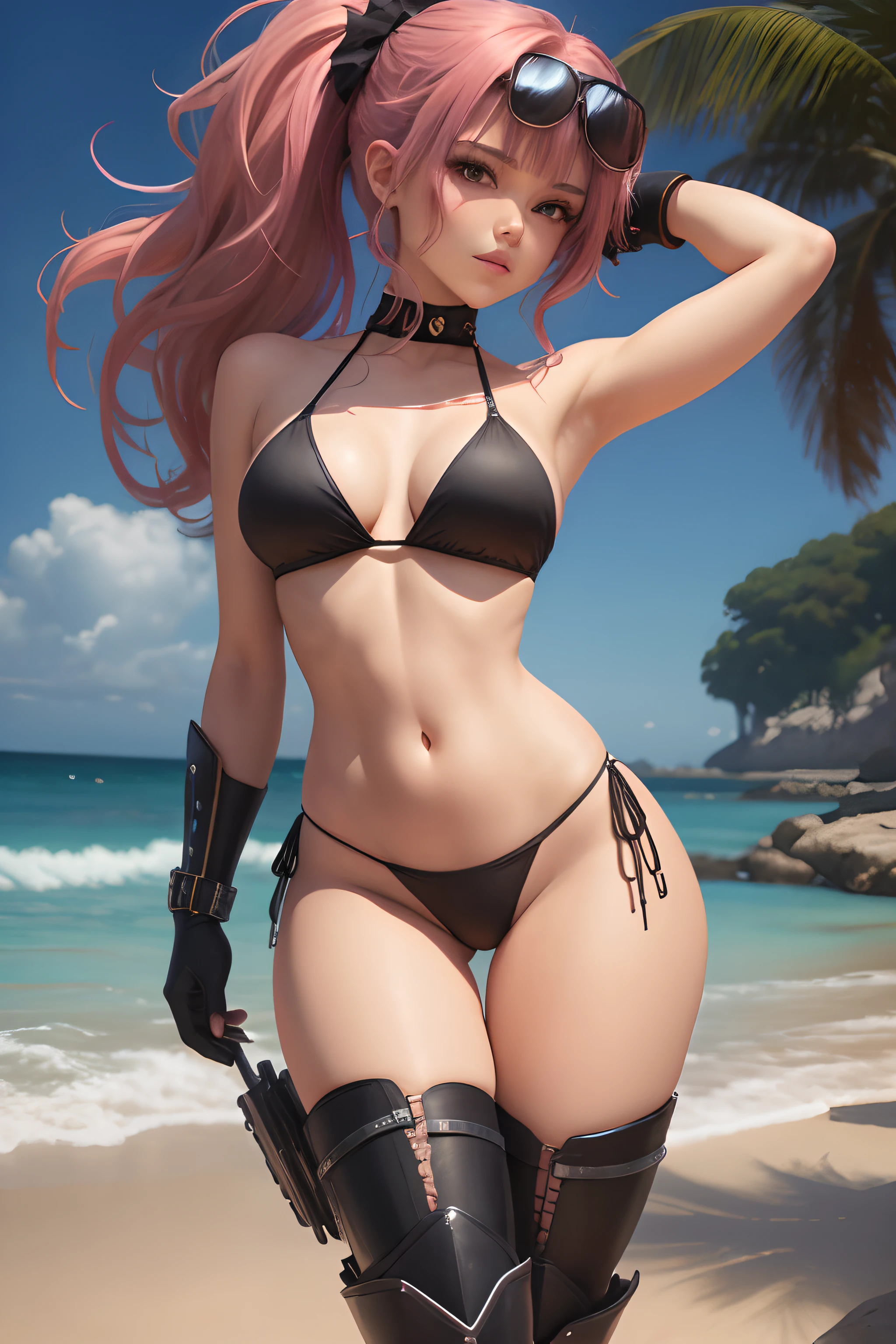 1girl as a bikini model, anime, cabelos brancos, black bikini, Botas pretas de coxa, Tonificado, Personagem estilo anime solo, Torso Tiro, foco na clivagem