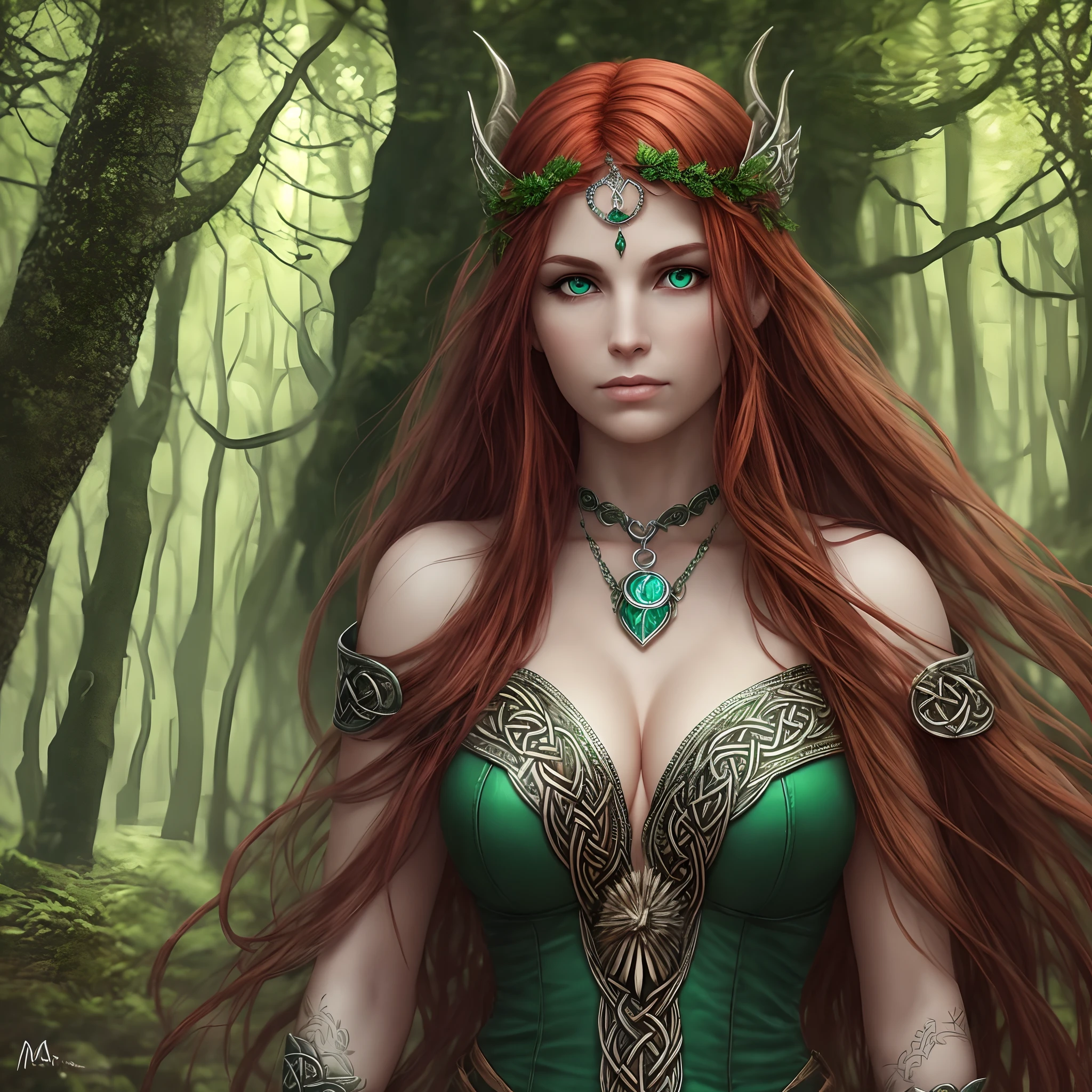 photorealisic image of the celtic goddess morrigan walking through the welsh forest red hair green eyes --auto --s2