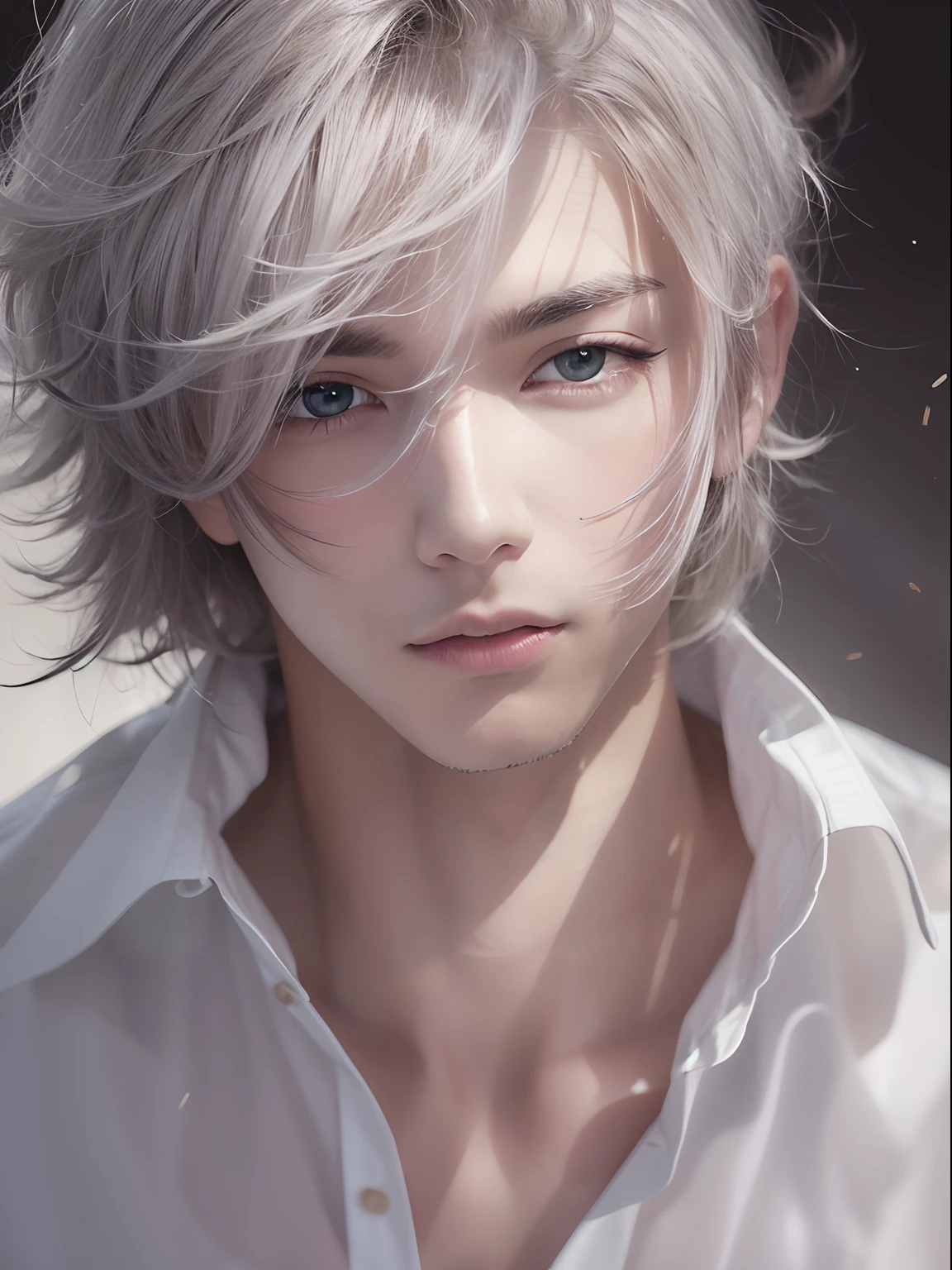 One Man、bobhair、Extremely beautiful face、White cutter shirt、hight resolution、