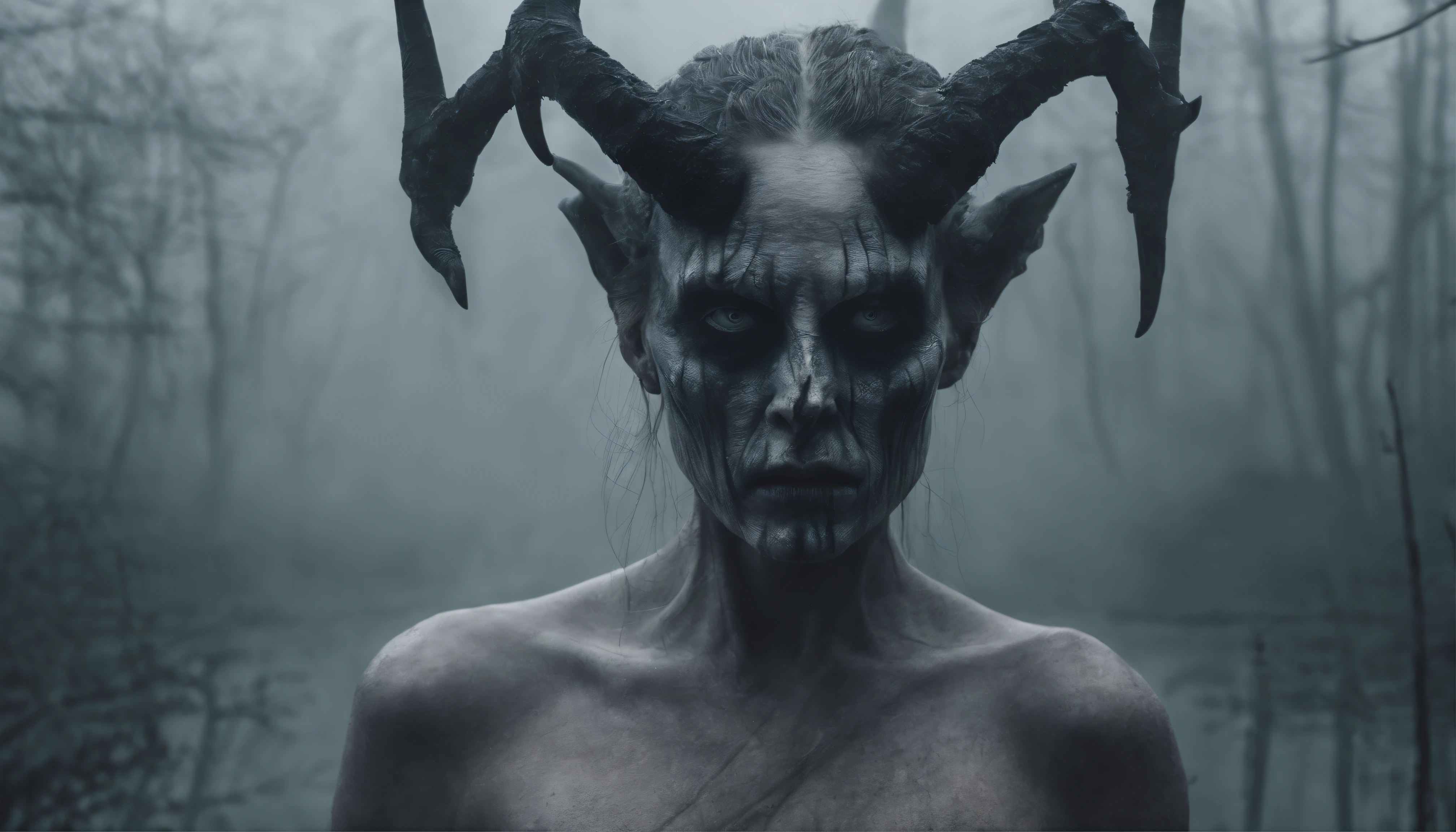 Upper body shot, hyper realistic photograph in a foggy marsh, demon woman with horns, iridescent skin, skin that looks like glass, white eyes, cinematic horror.