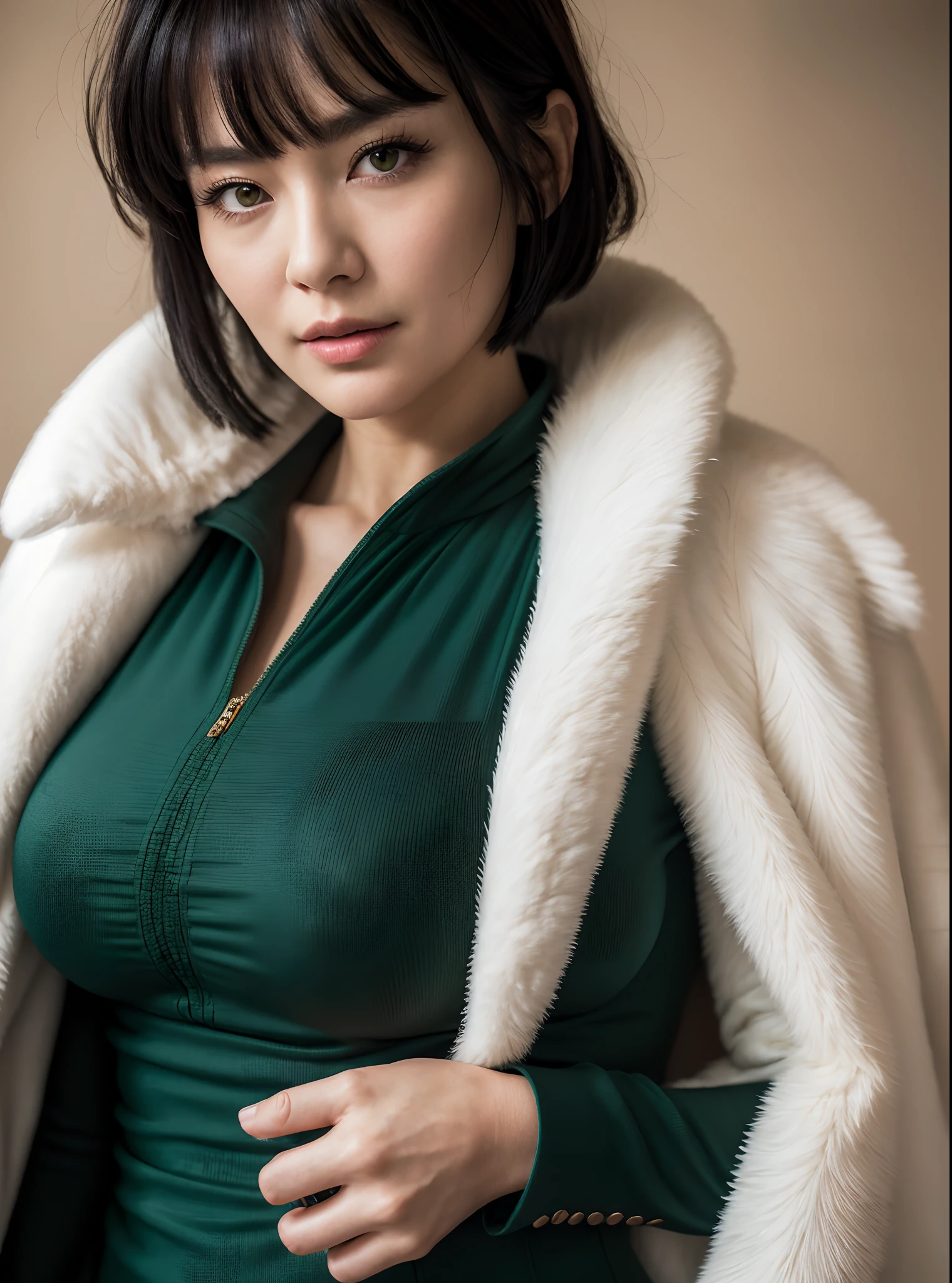 a close up of a woman in a green dress with fur jacket, Fubuki from one punch man, High quality image, masterpiece, detailed hair texture, detailed skin texture, detailed cloth texture, 8k, add fabric details, ultra detailed skin texture, ultra detailed photo, skin pores, cloth details, high skin details, realistic hair details