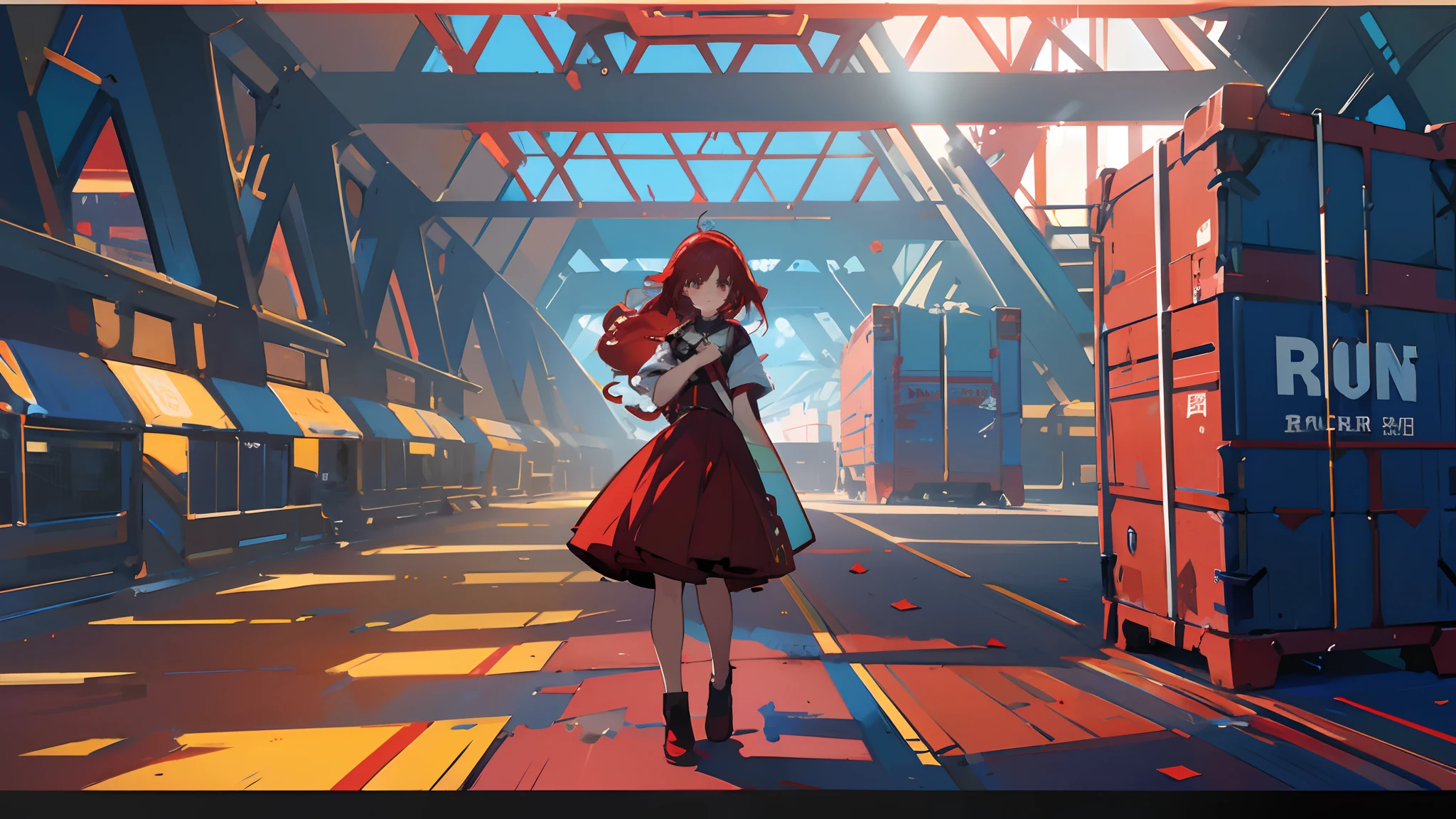 Girl in red dress, Stand in front of the blue container terminal, Colored inner hair, Red hair, Makeup, chin grab, Cinematic lighting, Ray tracing, Anime style, High detail, Color field painting, projected inset, first person perspective, Caustics, hyper HD, Masterpiece