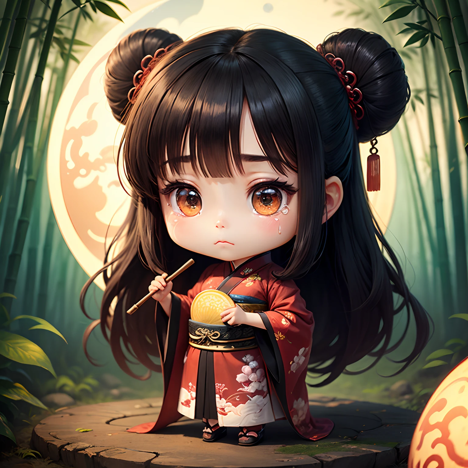 ​masterpiece、top-quality、ultra-detailliert、(Chibi Chara Ancient Chinese Daughter:1.2)、Black long-haired、dark kimono、Sad tears、Fan in hand、bamboo forrest、The background is a huge round moon、