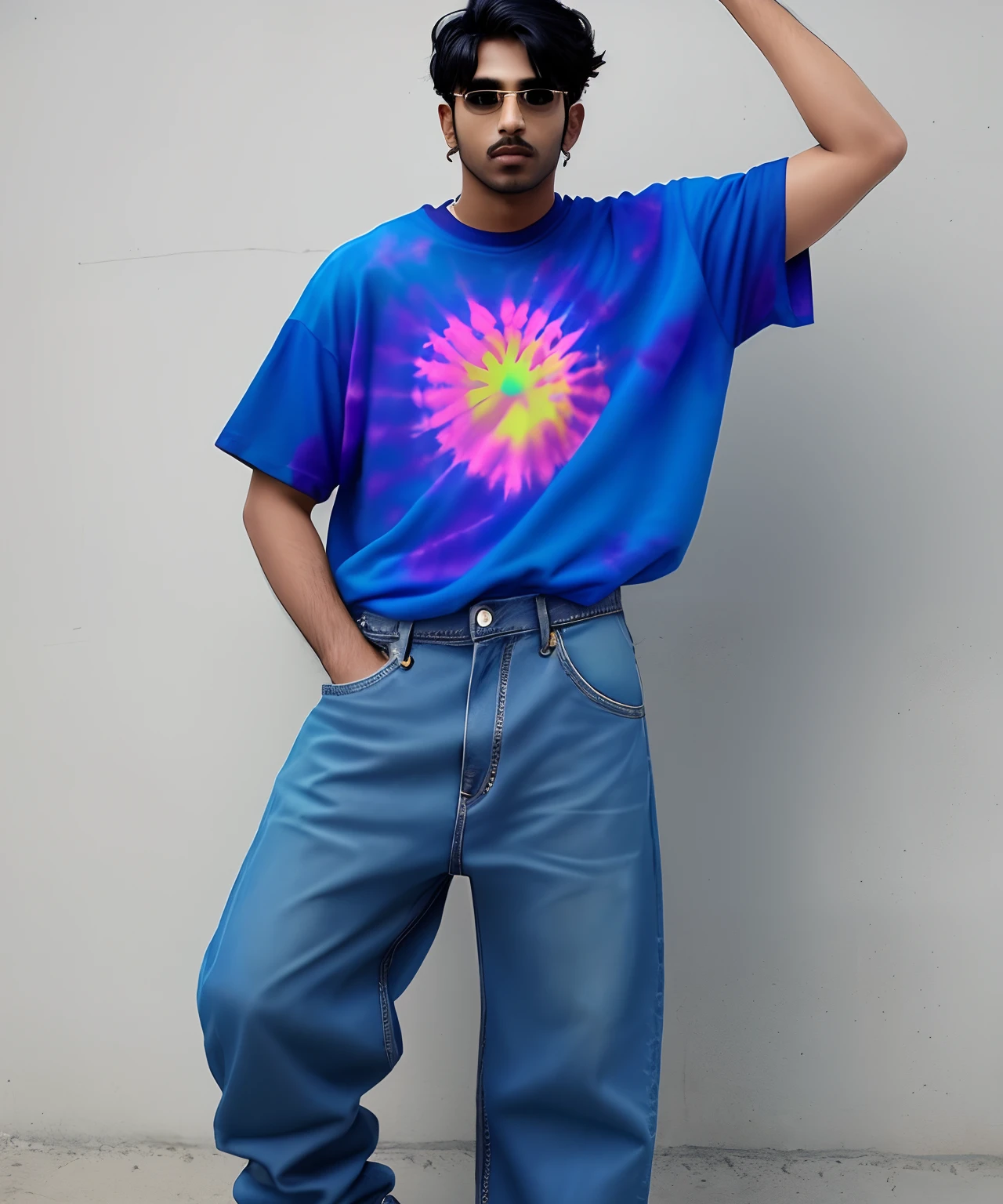 Indian men wearing y2k-aesthetic outfit tie dyed oversized t-shirt baggy jeans  posing solo