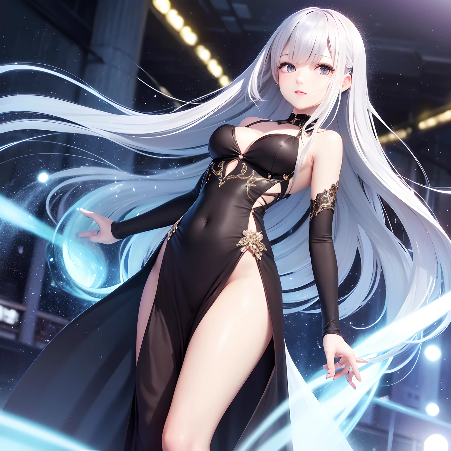 finest image, very cute woman 22 years old, round face, amorous expression, lewd expression, ecstasy, orgasm, light brown long straight bangs, iridescent hair, big round double eyes, medium breasts, slender, perfect proportion, long thin legs, a gorgeous long dress made of black satin fabric with a large V-shaped opening at the chest and back, walking, that emits fantastic light, light particles, light sparkles, iridescent light particles, blurry background on the station platform, professional lighting