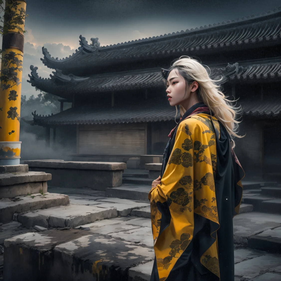 Side 32K，exteriors，roof，People are small（tmasterpiece，k hd，hyper HD，32K）Long flowing black hair，Tang Dynasty complex，zydink， a color，废墟（canyons）， （Linen batik scarf）， Combat posture， looking at the ground， Linen bandana， Chinese python pattern long-sleeved garment， 废墟（Abstract gouache splash：1.2）， Dark clouds lightning background，Flour flies（realisticlying：1.4），Black color hair，The dust is blowing，Background fog， A high resolution， the detail， RAW photogr， Sharp Re， Nikon D850 Film Stock Photo by Jefferies Lee 4 Kodak Portra 400 Camera F1.6 shots, Rich colors, ultra-realistic vivid textures, Dramatic lighting, Unreal Engine Art Station Trend, cinestir 800，Flowing bright yellow hair,（（（National style building）））Full-body side