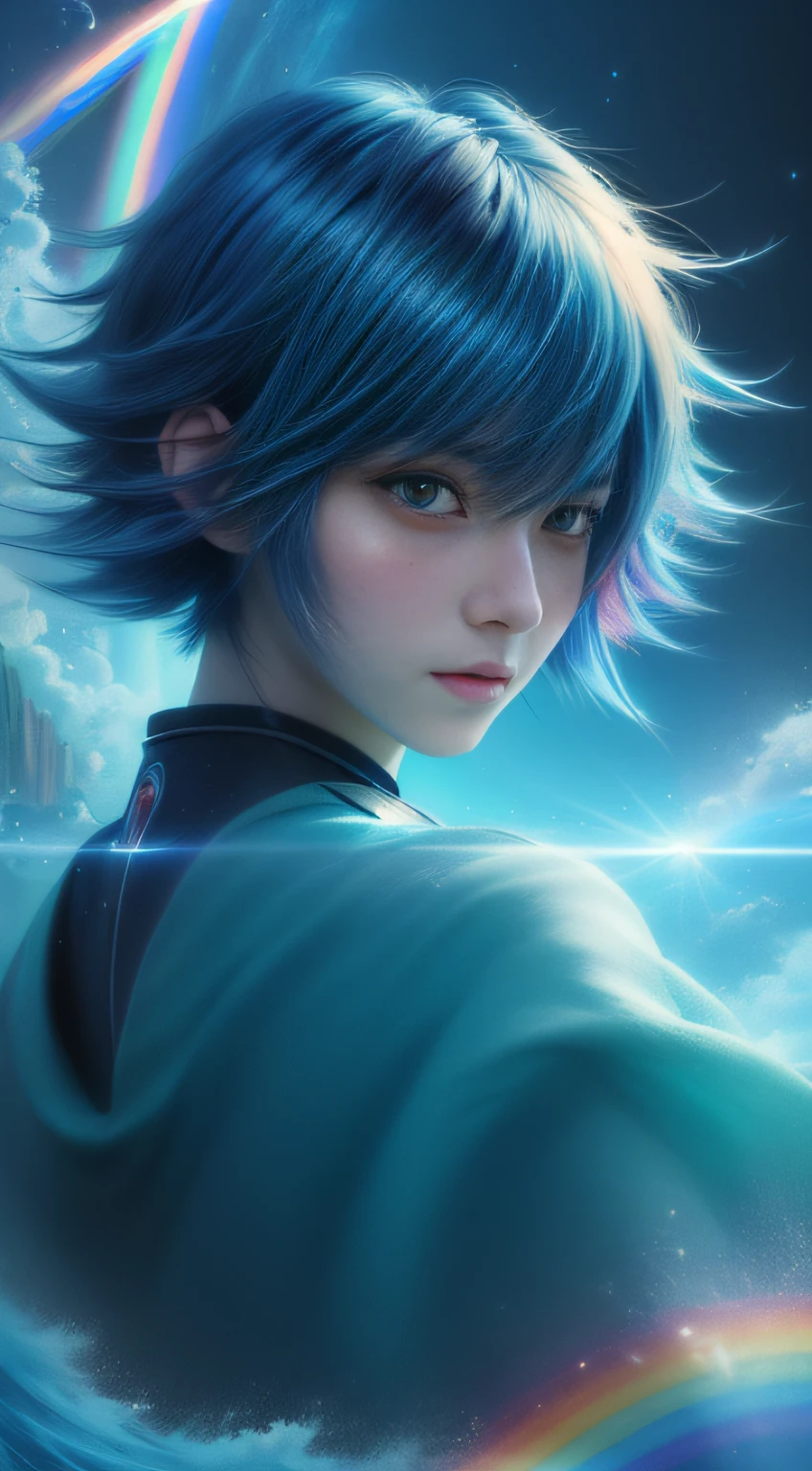 (Anime Girl + short Hair + Portrait), (Color Hair + Rainbow: 1.5 + Cosmic Hair: 1.2), (Beauty + Fantasy + Anime Style), (8K Wallpaper: 1.2 + 4K Wallpaper: 1.1), (Anime Illustration + Art Style + Art Artwork)