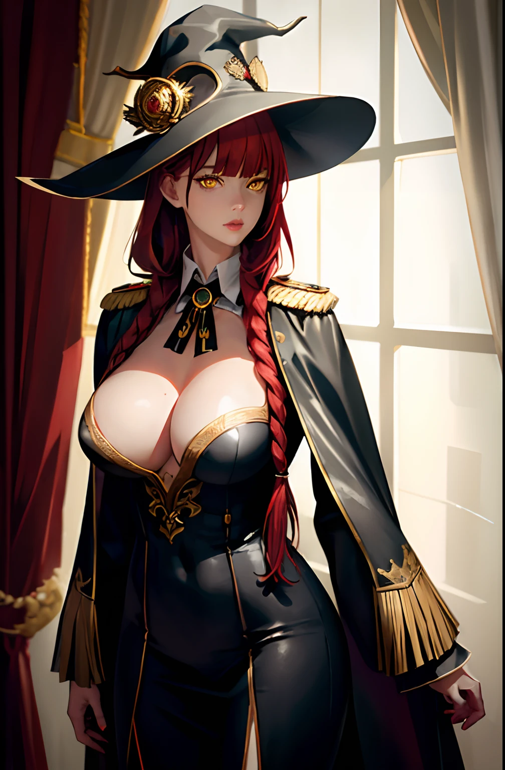 , Medium tits, masterpiece, (photorealistic:1.4), best quality, beautiful lighting, big witch hat, cleavage, admiral long coat, shoulder badge, (ulzzang-6500:0.5), makima \(chainsaw man\), (red hair)+(single long braided hair)+(bangs), yellow eyes, golden eyes, ((ringed eyes)), (white shirt), RAW photo, 8k uhd, film grain, at castle, mediavel, closeup