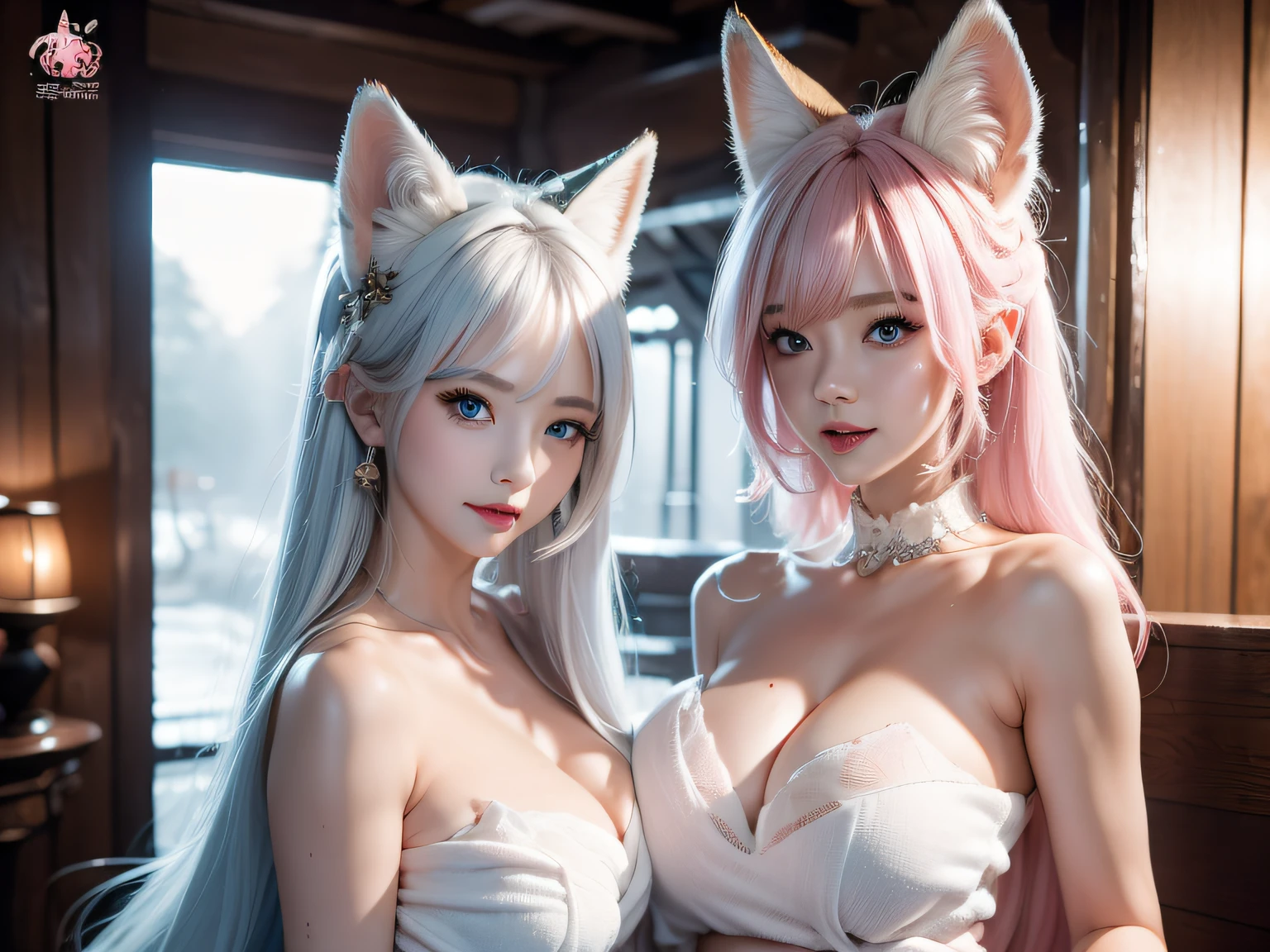 great laughter、 (Naked:1.5), Two Miss Fox Demons，Fox Devil Fox Years White Hair Girl，Sexy and feminine，Fluffy fox ears，fox tails，No ears，reddish tones，The beauty of fox ears alone，Cover chest，Clan girls，Fox's eye，Enchanted，Charming，16 K， best qualtiy， tmasterpiece，  Raised sexy， Highly detailed face and eyes， professional make up，blue eyess ，， glow blue eyes，Pink-haired girl with fox ears、Looking here、Beautiful 、Wearing a sleeveless coat with a fox tail,、