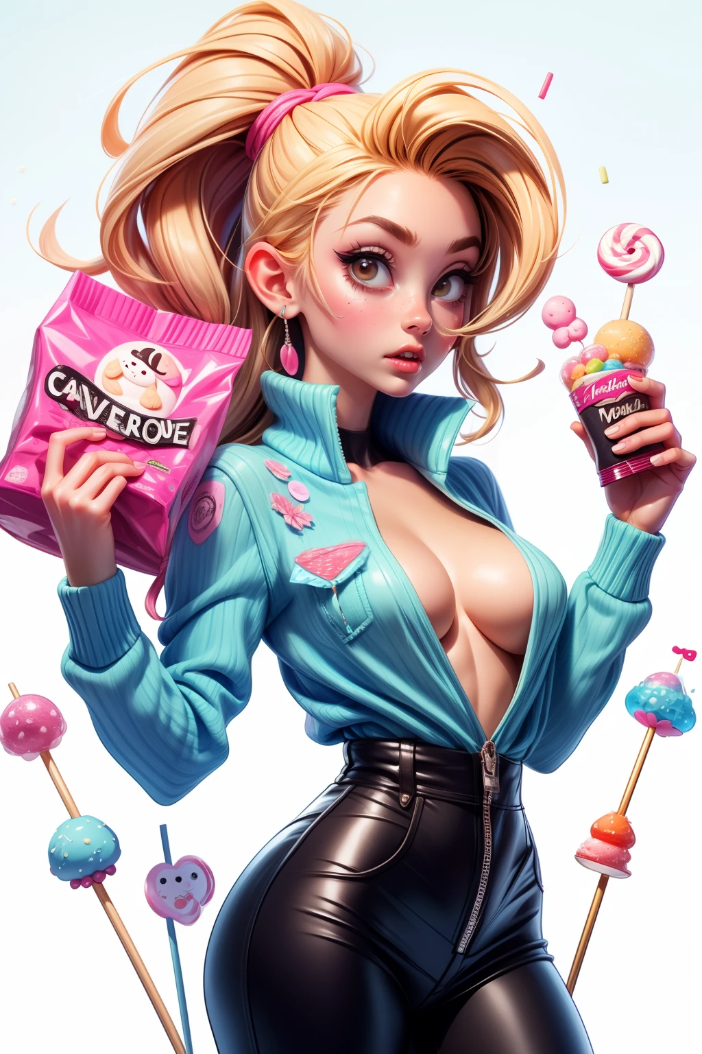 high quality, masterpiece, frozen candybar, sour candy, sweets, lollipops, sprinkles, berries, showing clevage, nipple poke,