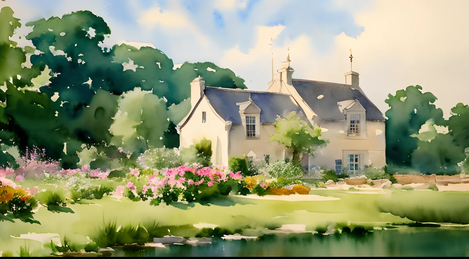 (Watercolor in Sargent style)、(top-quality、​masterpiece)、Soft light、View of the Cotswolds,Stone House、Flowers blooming on the walls of the house、Nearby creeks、flower  field、Morning haze、