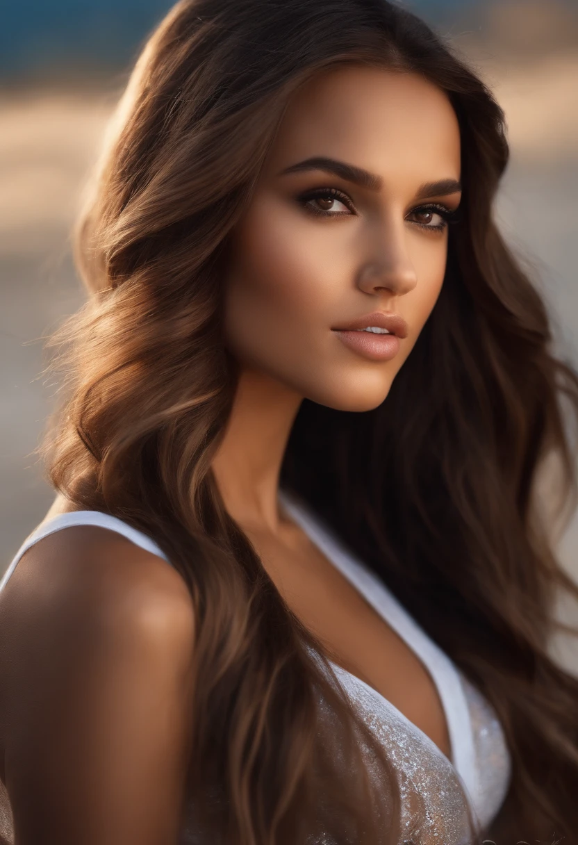 fille brune, mix between Jessica Alba and Ariana Grande, photo ultra realiste, sexy
