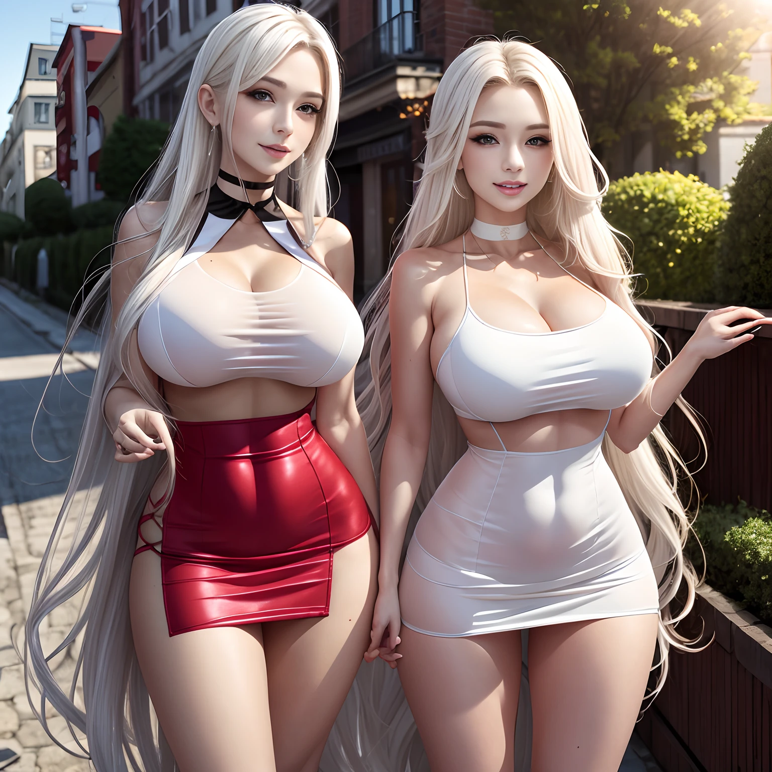 （8K，tmasterpiece：1.2），（Hyper-detailing，Raised sexy），（ssmile：1.1），（（wavy white long hair）：1.3，beatiful detailed eyes，Light makeup，choker necklace，ear jewelry，Pink and moist lips，full body shot of），Clear sky，and the sun was shining brightly，Two sexy women，Red eyes，Lively streets，Absurd long white hair，ssee-through，Black business uniform，Superskirt，Cocked buttocks，（（huge tit，Stretch meat，Fair and moisturized skin）），Be dignified and religious，），（The atmosphere is ambiguous，misty background，a fairy world：1.2），（long  white hair）