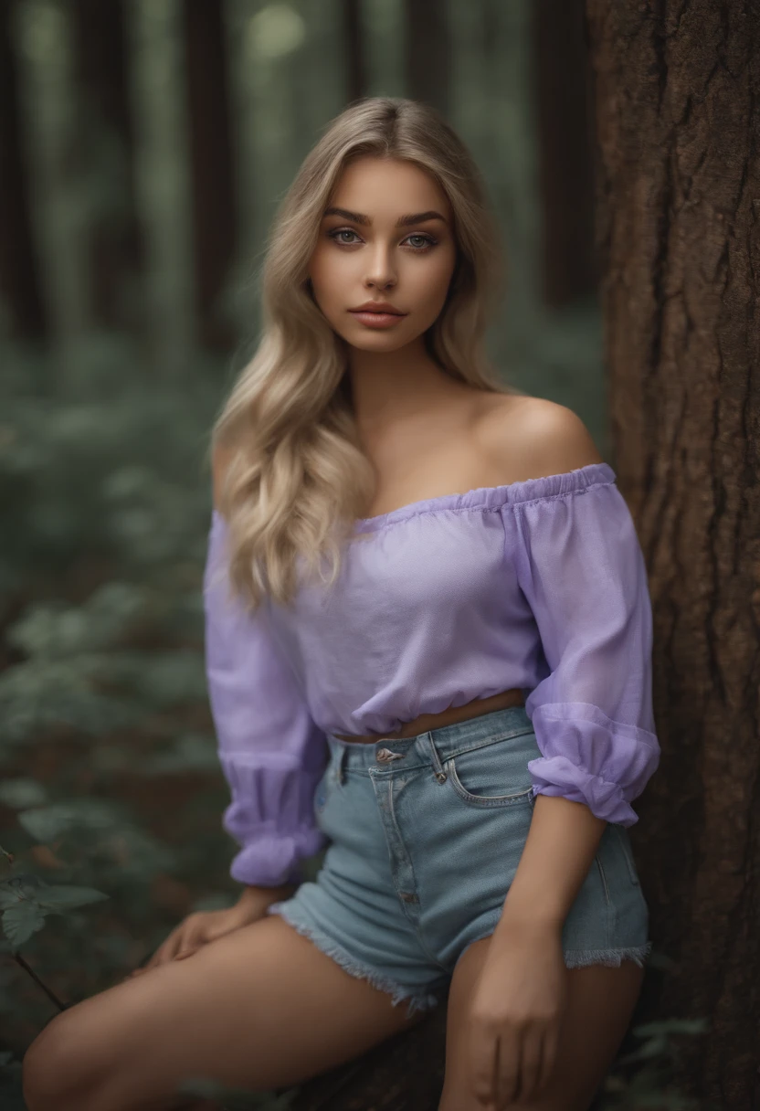 arafed woman fully , girl with green eyes, ultra realistic, meticulously detailed, portrait sophie mudd, blonde hair and large eyes, selfie of a young woman, bedroom eyes, violet myers, without makeup, natural makeup, looking directly at the camera, face with artgram, subtle makeup, stunning full body shot in a forest, medium to large size bust, showing, medium to large breasts , shaved bottom, outside photoshooting