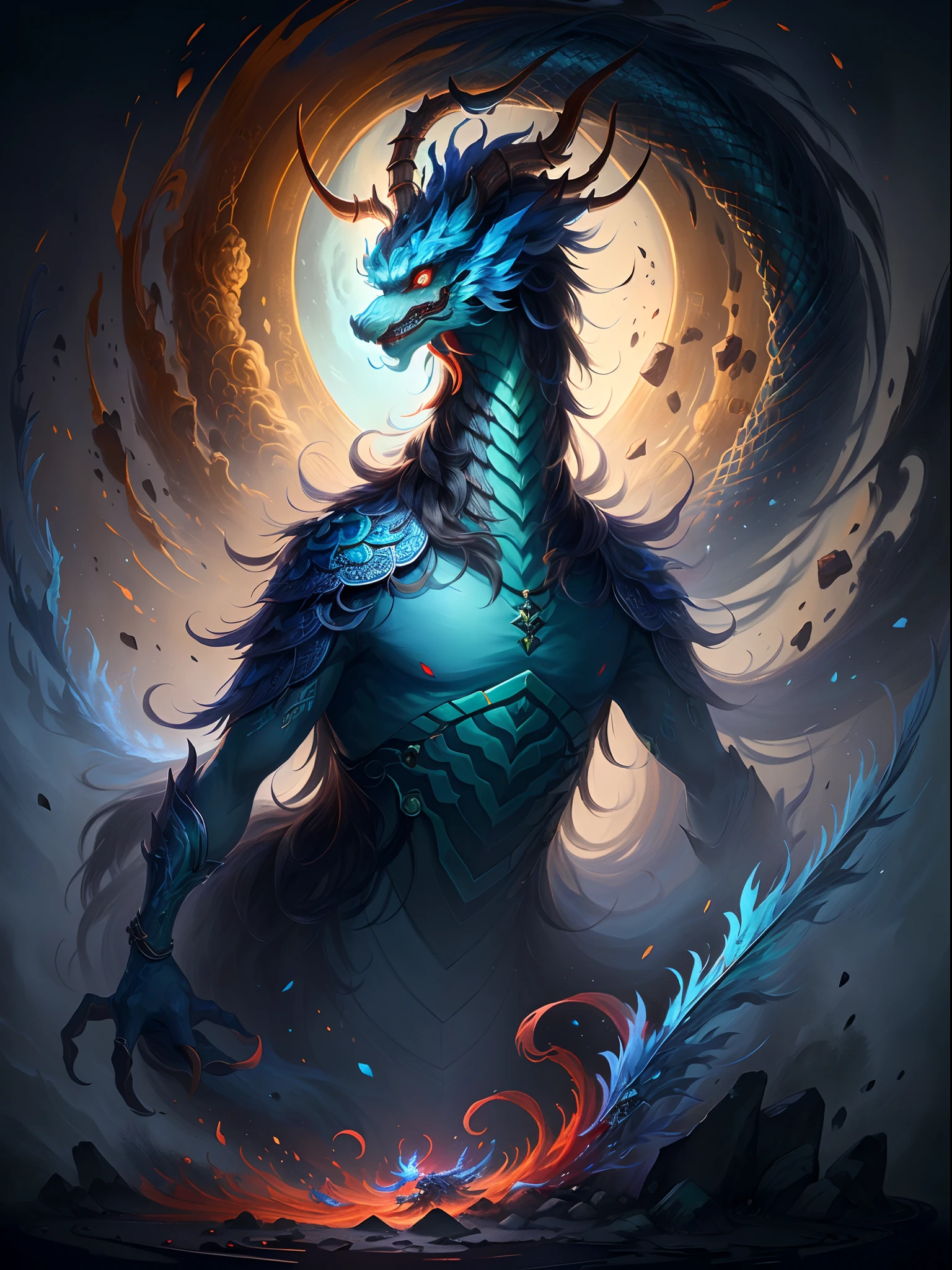 Photorealsitic,true to life,Close-up of the long-horned blue dragon, Red and green combination,Onmyoji detailed art, cyan chinese dragon fantasy, Detailed digital 2D fantasy art, asura from chinese myth, onmyoji portrait, chinese dragon concept art, chengwei pan on artstation, 4k highly detailed digital art, 4K detailed digital art, drak