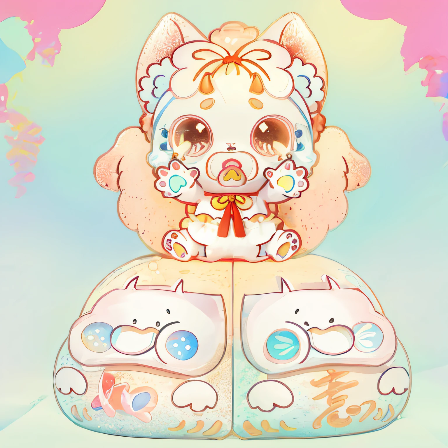 There is a painting，A cat sits on a pair of Damos, kitten sandwish, Kawaii cat, Cute detailed digital art, cute colorful adorable, plushies, lovely art style, anime cat, cute artwork, cat seahorse fursona, cute detailed artwork, low res, Detailed fanart, Chibi Art, cute cyber gods, cute character, Three-dimensional,３ｄModeling