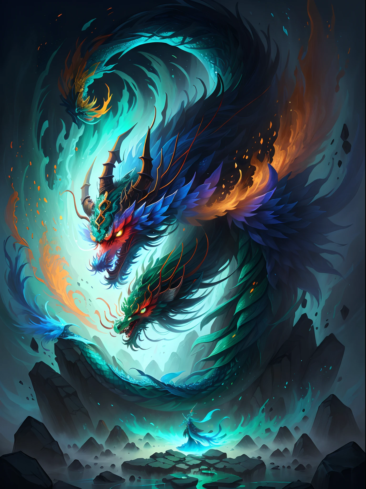 Photorealsitic,true to life,Close-up of the long-horned blue dragon, Red and green combination,Onmyoji detailed art, cyan chinese dragon fantasy, Detailed digital 2D fantasy art, asura from chinese myth, onmyoji portrait, chinese dragon concept art, chengwei pan on artstation, 4k highly detailed digital art, 4K detailed digital art, drak