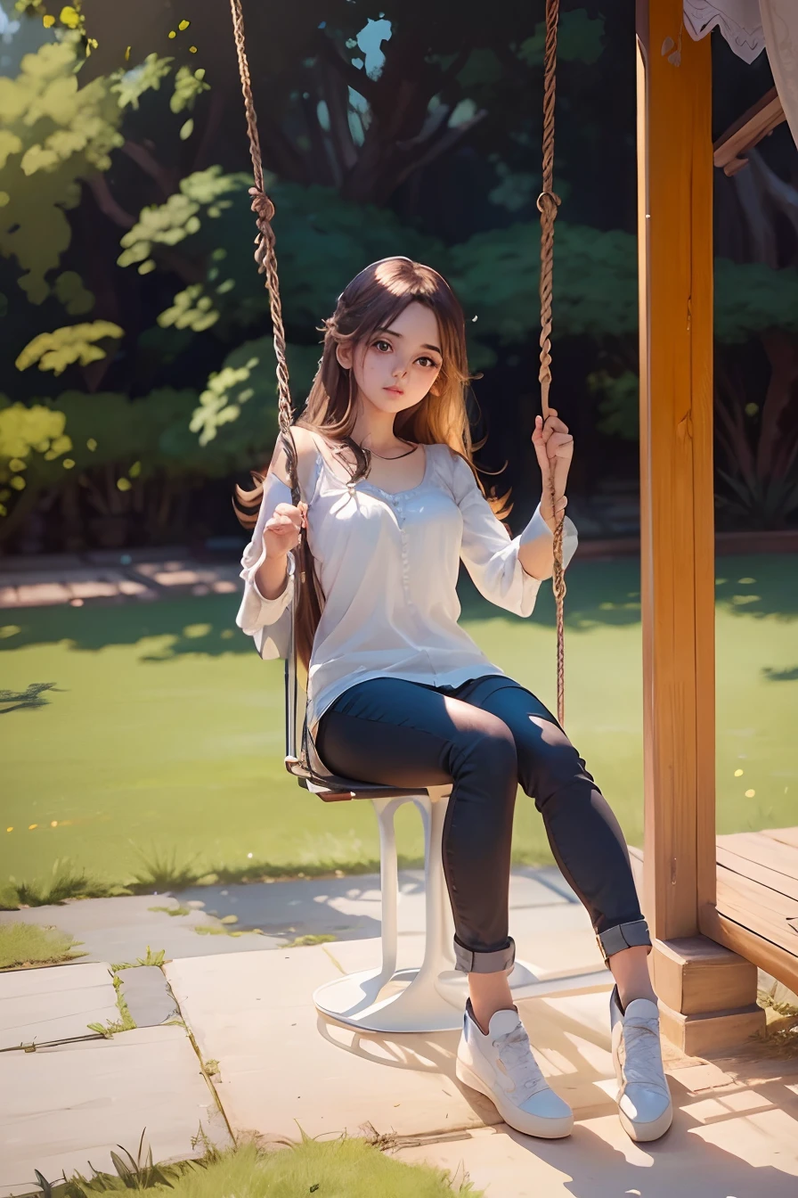 (masterpiece), (best quality), (ultra detailed),(disheed hair),(illustration), best lighting, best shadows, perfect hands, perfect finger, Anime, perfect illustration, 2d, 1girl, natural background, girl on swing