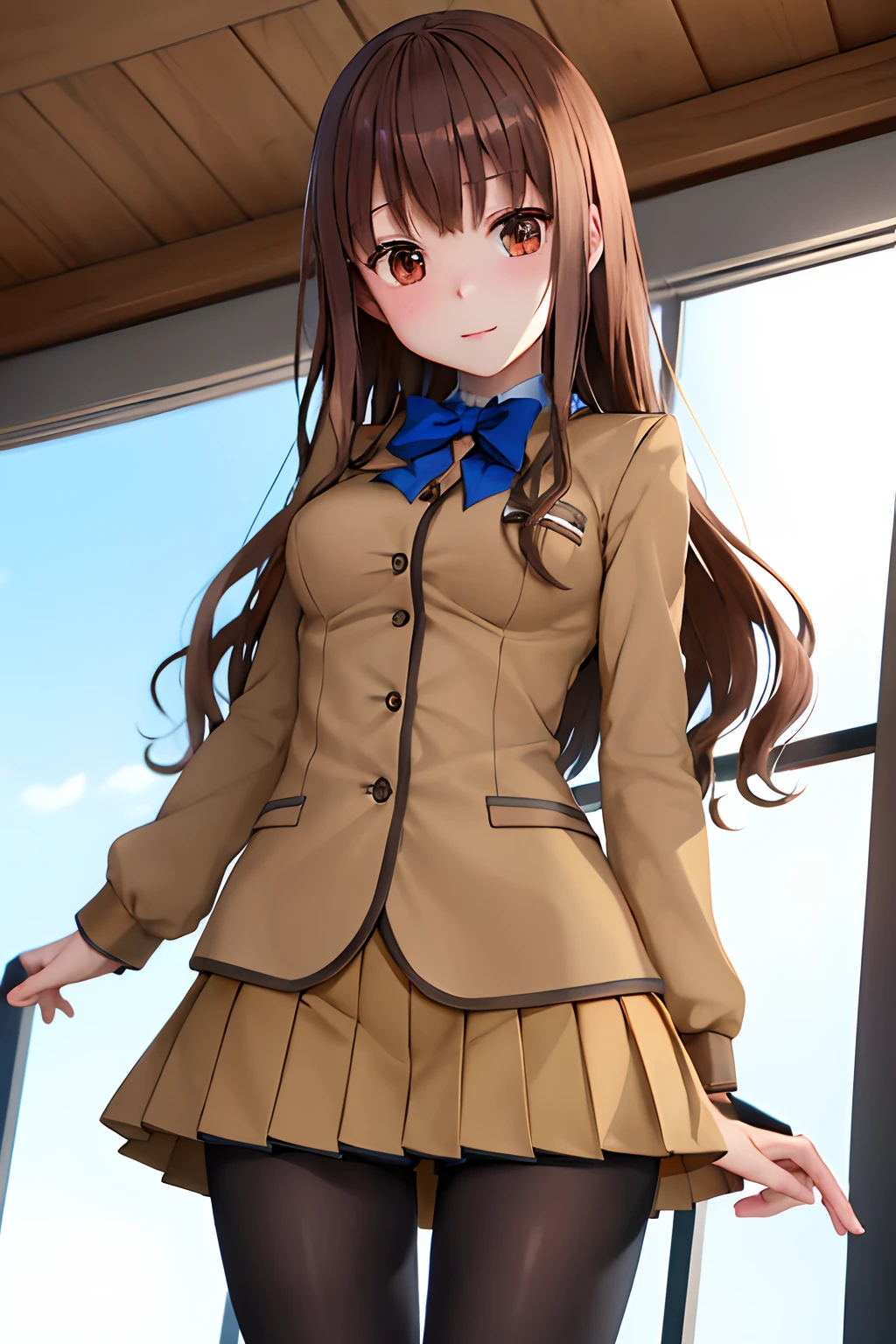masutepiece, Best Quality, hight resolution, HMKH1, blue bowtie, blue bow, Brown skirt, Brown jacket, Black hose, School uniform, Cowboy Shot, a miniskirt、Opening legs、View from below