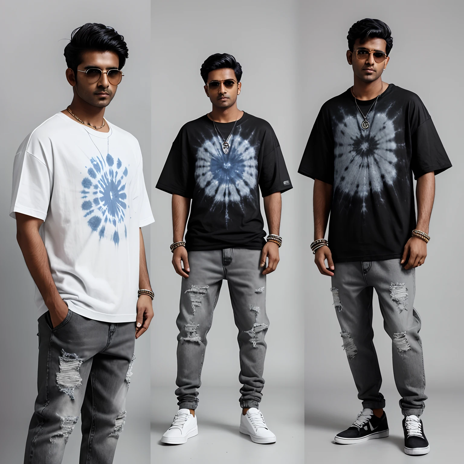 Indian men wearing y2k-aesthetic outfit tie dyed black and grey oversized t-shirt white glasses baggy jeans posing solo realistic