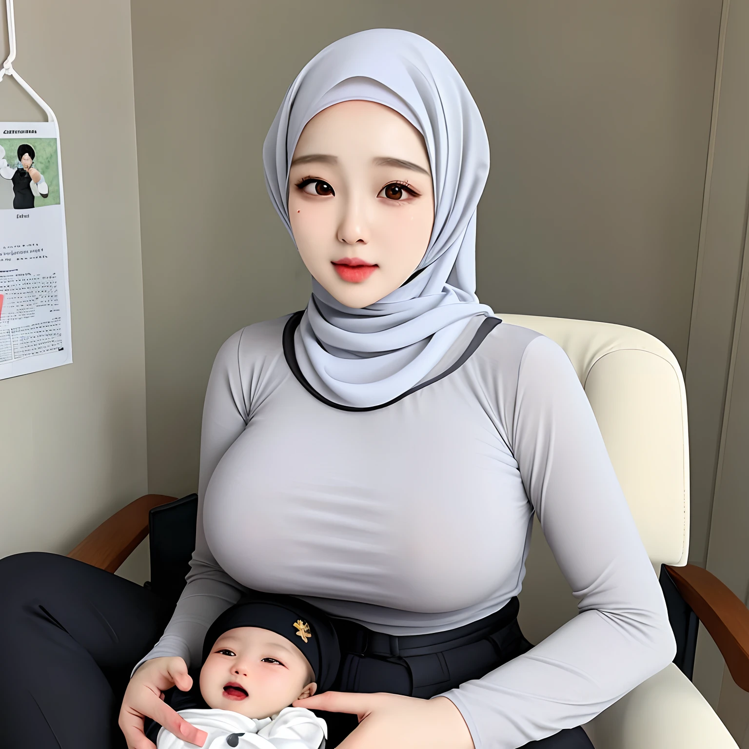 Hijab,realistic,kpop idol,1girl and 1 ,mom and babyean girl,sexy,beautiful,he tall,super big breast,(P cup),happy cry very detailed face,tight t-shirt,hijab,and long tight pants outfit,in bedroom,chair,bed,hijab girl sitting on chair,hijab girl holding a baby andker baby,