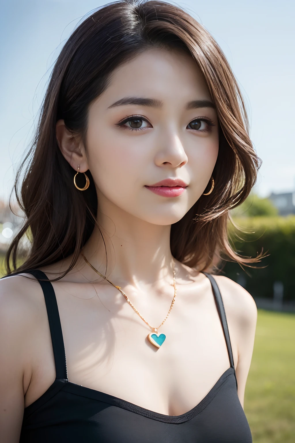 (8K,Raw photo、Raw photo、top-quality、Master masterpiece:1.2)、ultra-detailliert、Super Resolution、(Photorealsitic:1.3)、Angle to shoot from the front、Clearly draw shades of light、high resolution RAW color photos、professional photograpy、Same skin type as humans、Female proofreading of Japan from head to waist、Blur the background、Draws faithfully to anatomy、cafes、Very detailed and beautiful、Ultra-high image quality、long、Hair swaying and sexy、Very detailed beautiful girl、(Pink Eye Shadow)、smil、Plain clothe、Park on a sunny day、Loosely curly hair、turned around、Heart Earrings、a necklace