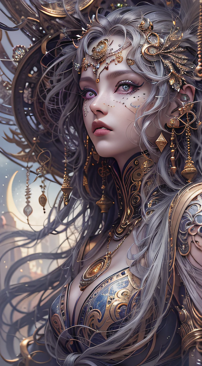 （best qualtiy，ultra - detailed，Most Best Illustration，Best Shadow，tmasterpiece，hight resolution，professionalartwork，famousartwork），Detailed eyes，beautidful eyes，closeup cleavage，sci-fy，colored sclera，Robotic eyes，face markings，tattooed，（fractalized，Fractal Eye），largeeyes，wide eyes，（Eye focus），sface focus，the eye of the universe，the eye of the universe，Close up of metal sculpture of woman with moon in hair，goddes。extremely high detail，3 d goddess portrait，Highly detailed footage of the goddess，a stunning portrait of a goddess，Side image of the goddess，portrait of a beautiful goddess，Full body close-up of goddess，Goddess of Hecate，portrait of a norse moon goddess，goddess of space and time