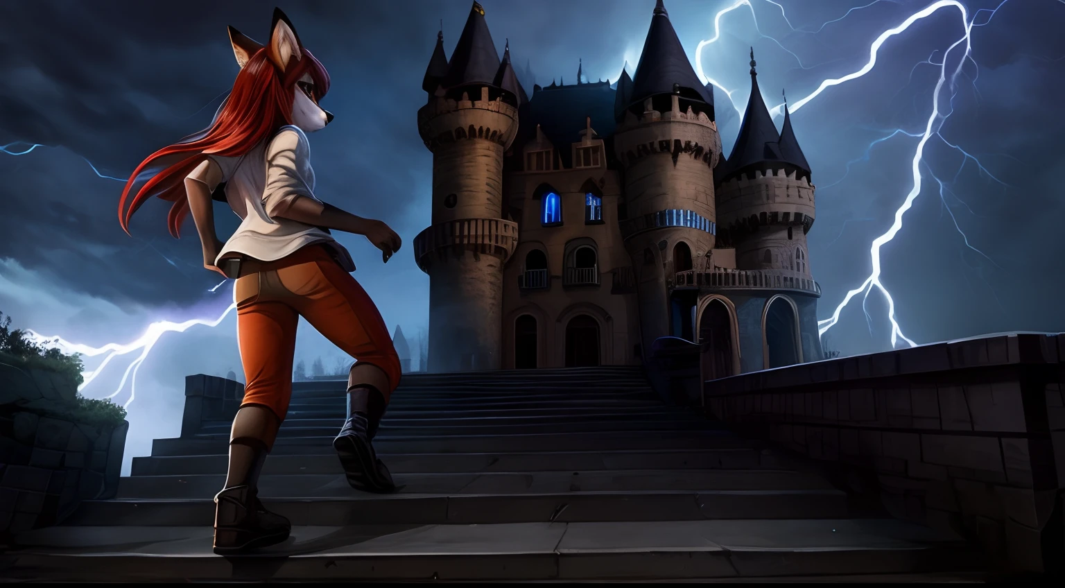 Young fox furry girl with short red hair, wearing glasses in a haunted castle standing atop a flight of stairs, zombies are approaching, while a thunderstorm rages outside