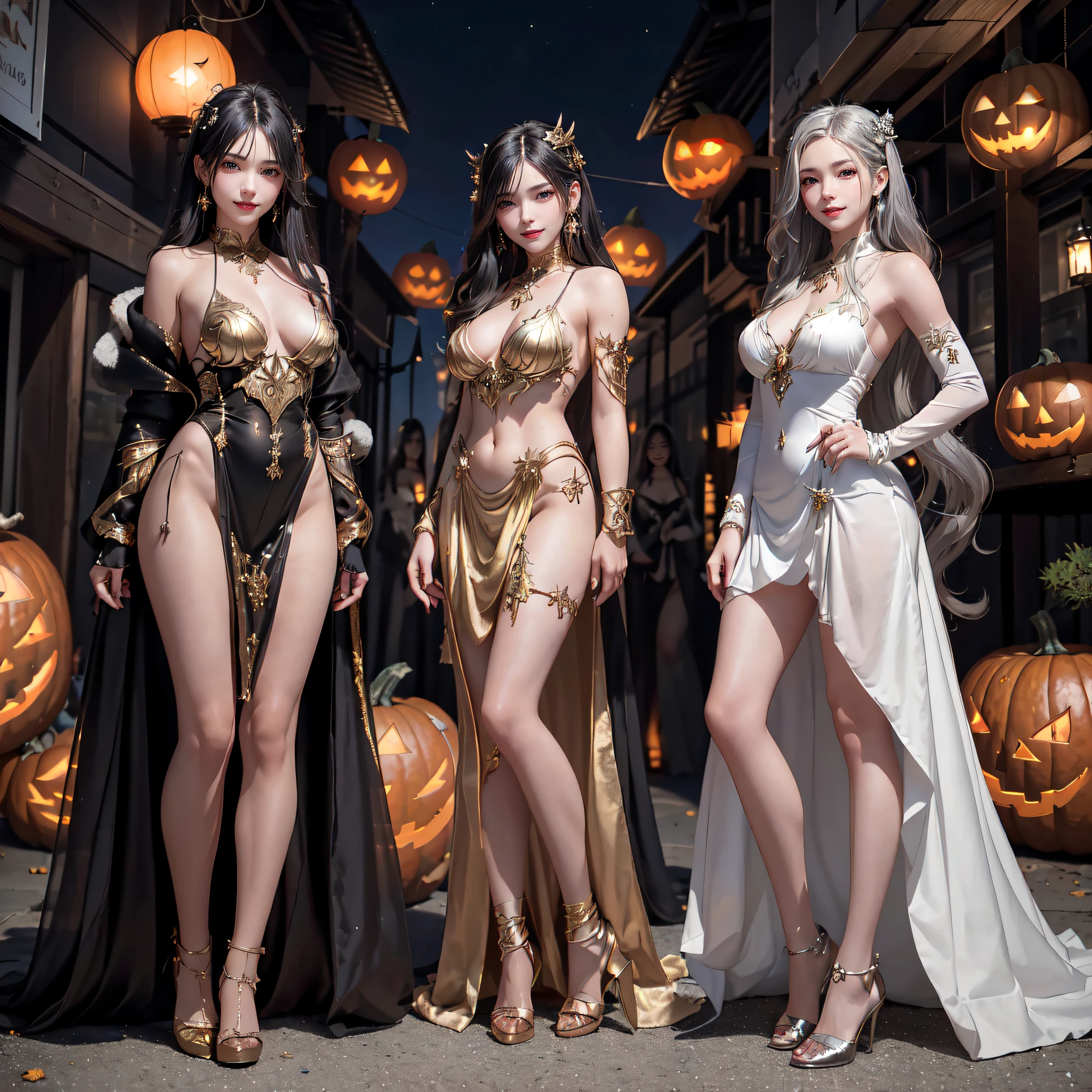 (masterpiece:1.3), top-quality, top-quality, Beautifully Aesthetic:1.2, ((3girls)), Halloween night,
Three girls are Wearing a high-quality some colors costume of fur, gloves, fur miniskirt,
(Left girl is Red and Silver colors), (Middle girl is Black and Gold colors), (Right girl is White and Blue colors),
BREAK
(Left girl is (black Hair, wavy hair, short hair)),
(Middle girl is (Brown Hair, Straight hair, long hair)),
(Right girl is (gray Hair, wavy hair, medium long hair)),
(Three girls are Perfect body(large breasts, firm breast, nicely shaped breasts, slender figure)),
(standing side by side in a neat line:1.3),
((At the middle of Halloween party venue decorated for Halloween at late night:1.2)), (Full body shot:1.1), (From Front:1.3), (Looking at viewer),