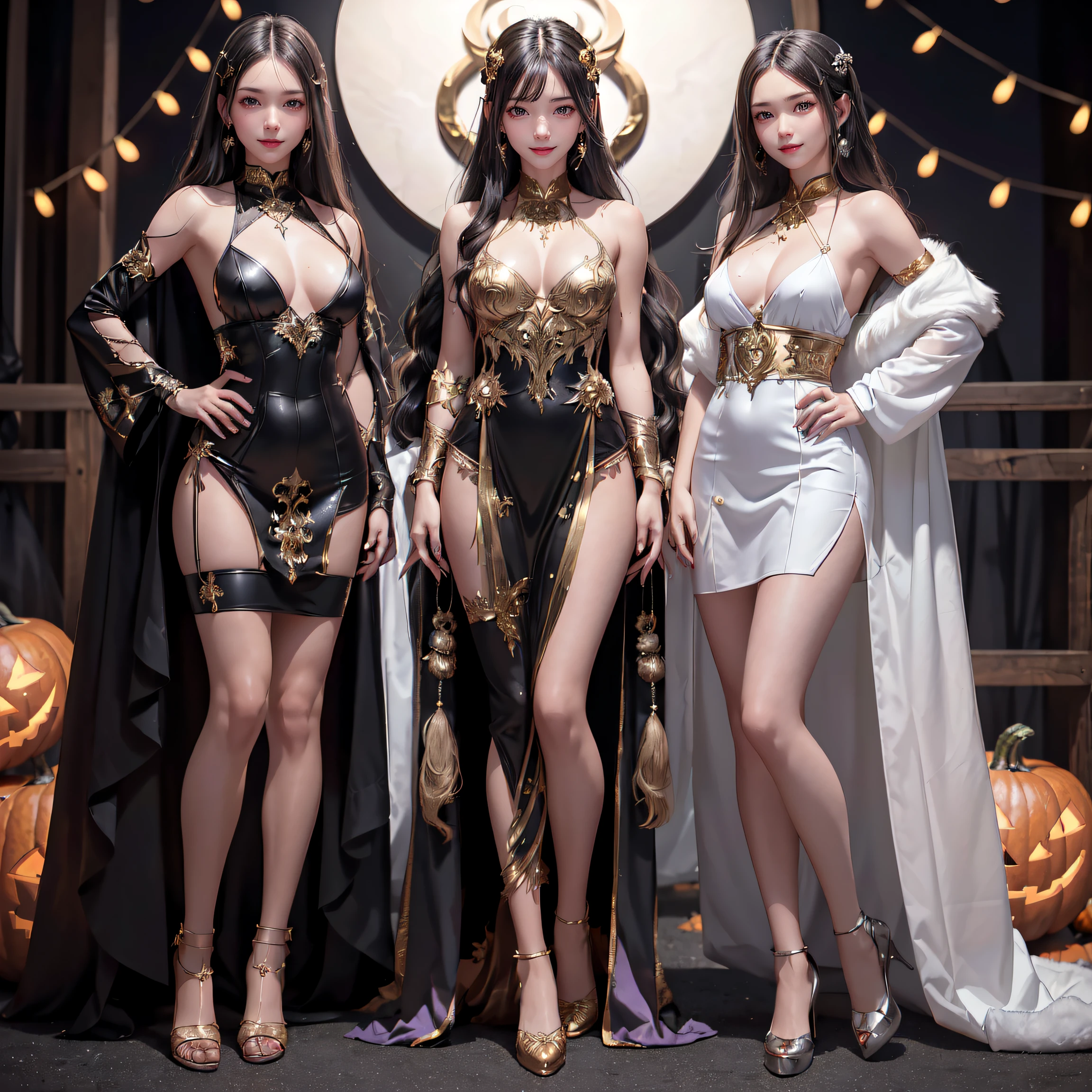 (masterpiece:1.3), top-quality, top-quality, Beautifully Aesthetic:1.2, ((3girls)), Halloween night, 
Three girls are Wearing a high-quality some colors costume of fur, gloves, fur miniskirt, 
(Left girl is Red and Silver colors), (Middle girl is Black and Gold colors), (Right girl is White and Blue colors), 
BREAK 
(Left girl is (black Hair, wavy hair, short hair)), 
(Middle girl is (Brown Hair, Straight hair, long hair)), 
(Right girl is (gray Hair, wavy hair, medium long hair)), 
(Three girls are Perfect body(large breasts, firm breast, nicely shaped breasts, slender figure)), 
(standing side by side in a neat line:1.3), 
((At the middle of Halloween party venue decorated for Halloween at late night:1.2)), (Full body shot:1.1), (From Front:1.3), (Looking at viewer),