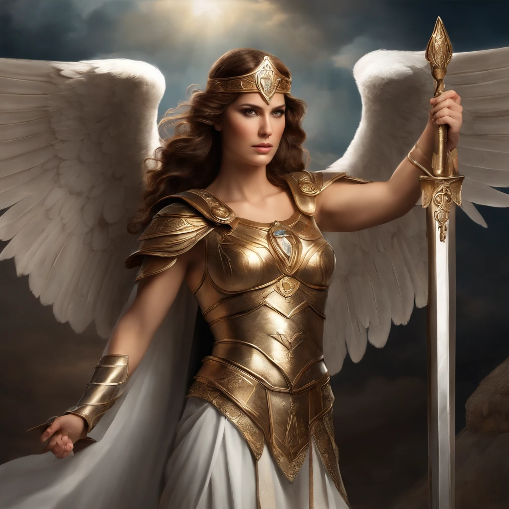 Greek Goddess Athena, brown hair, fierce gray eyes, angel white wings, she is wearing a greek light armor, she is holding a spear with her right hand, religious painting