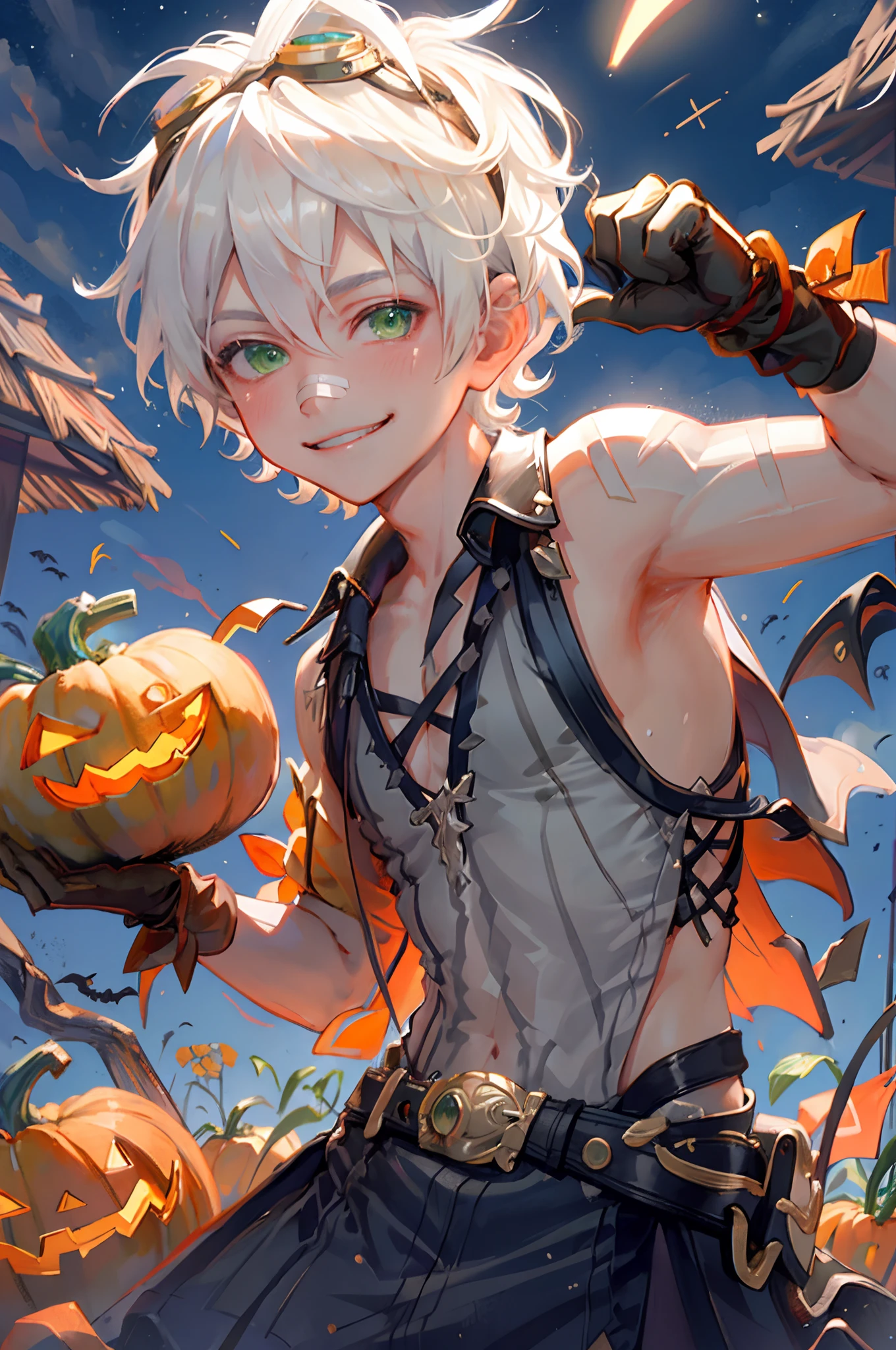 masterpiece, best quality,1boy, male focus, green eyes,black gloves, bandaid, goggles, bandaid on face, smile, solo, goggles on head, bandaid on nose, smile, sleeveless, white hair,  halloween, pumpkin patch, at night