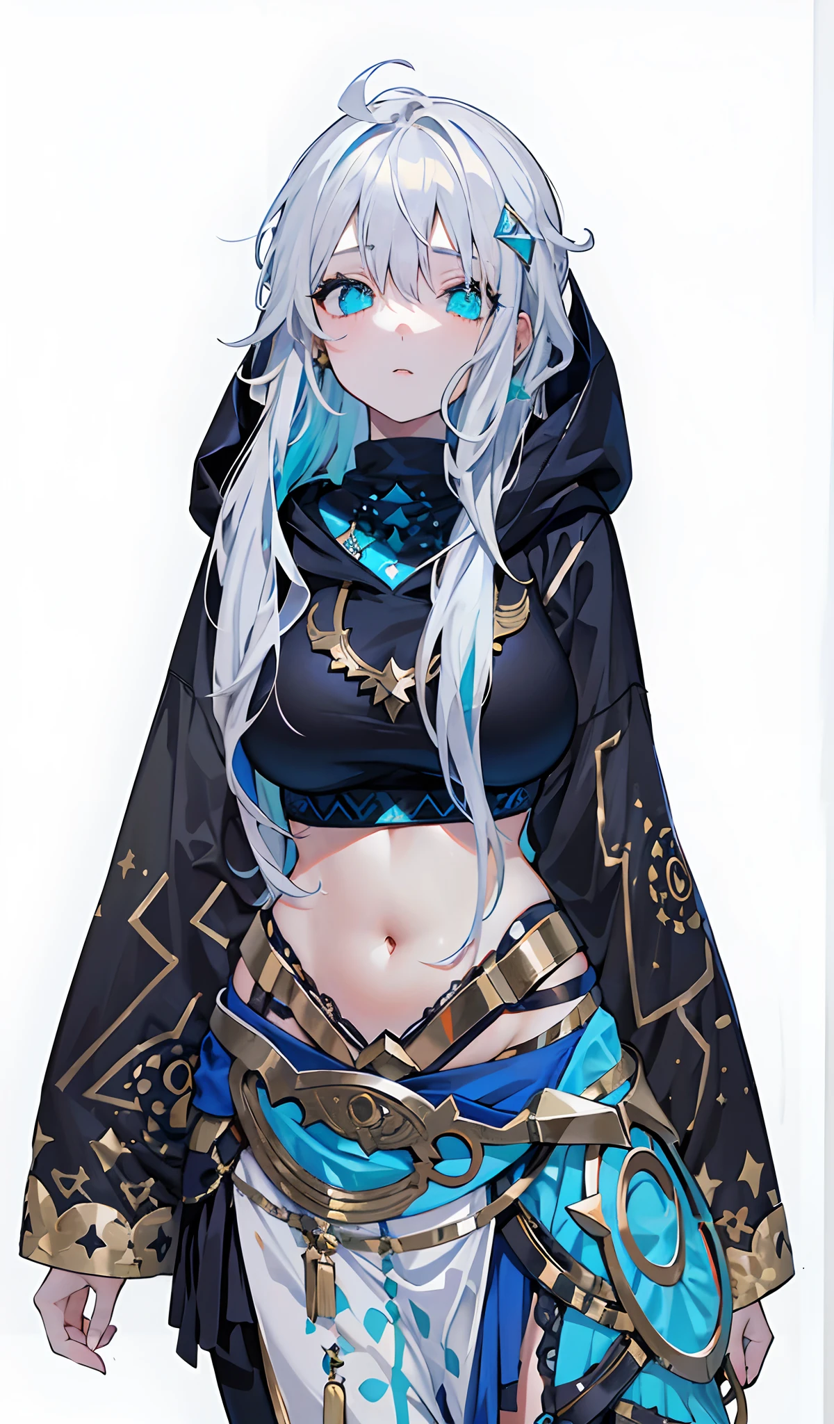 a girl with white disheveled hair, black hoodie with star patterns, belly dancer outfit, cyan eyes, golden accesories and patterns, chakrams, soft shadows