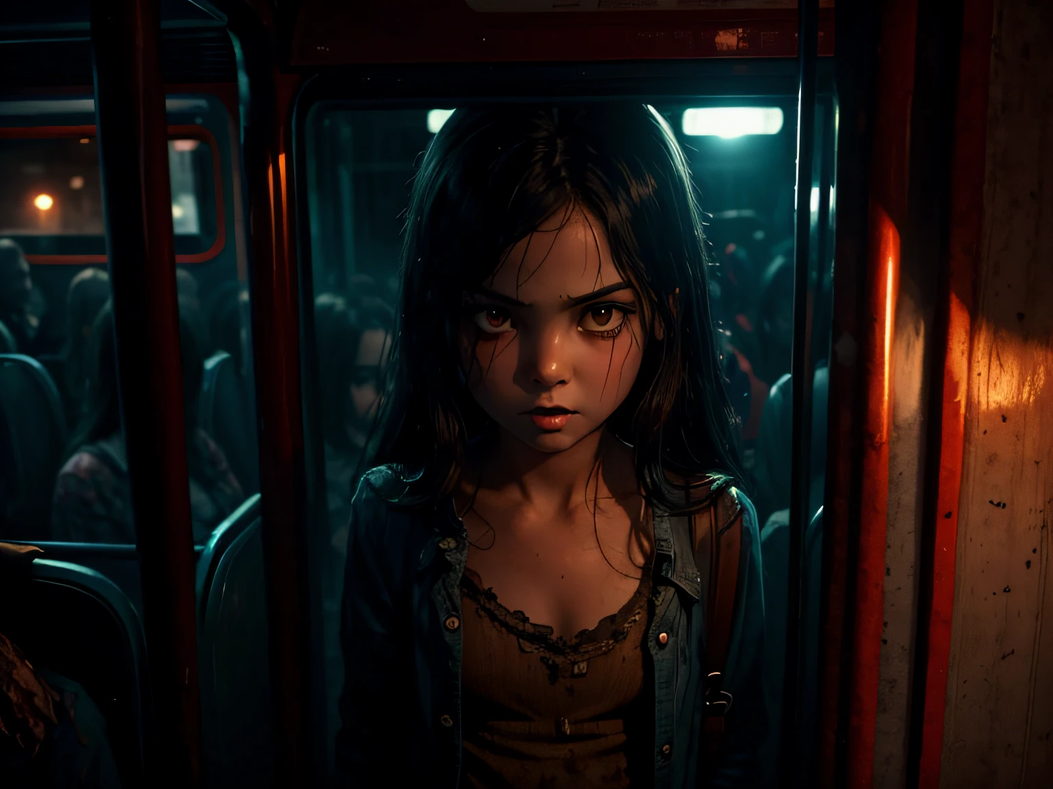 with beautiful face and sexy body on a bus, Night, full of monsters, zombies, ghosts, public transport, scary, woman in panic, rich detail, perfect, scary image