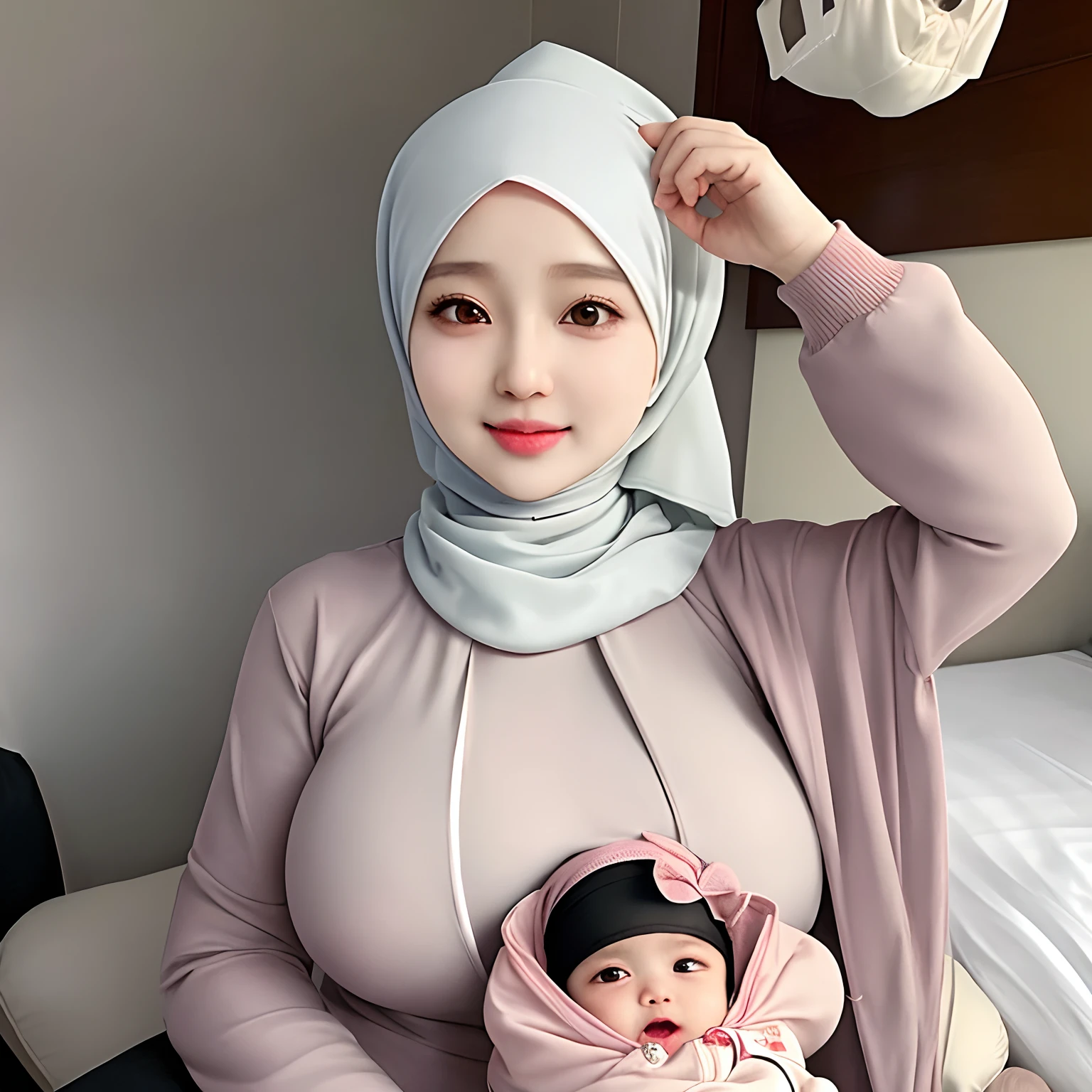 Hijab,realistic,kpop idol,1girl and 1 baby,mom and baby,korean girl,sexy,beautiful,he tall,super big breast,(P cup),happy cry very detailed face,tight t-shirt,hijab,and long tight pants outfit,in bedroom,chair,bed,hijab girl sitting on chair,hijab girl take of shirt and bras,nipple out and in mouth baby,hijab girl holding a baby and breastfeeding baby,