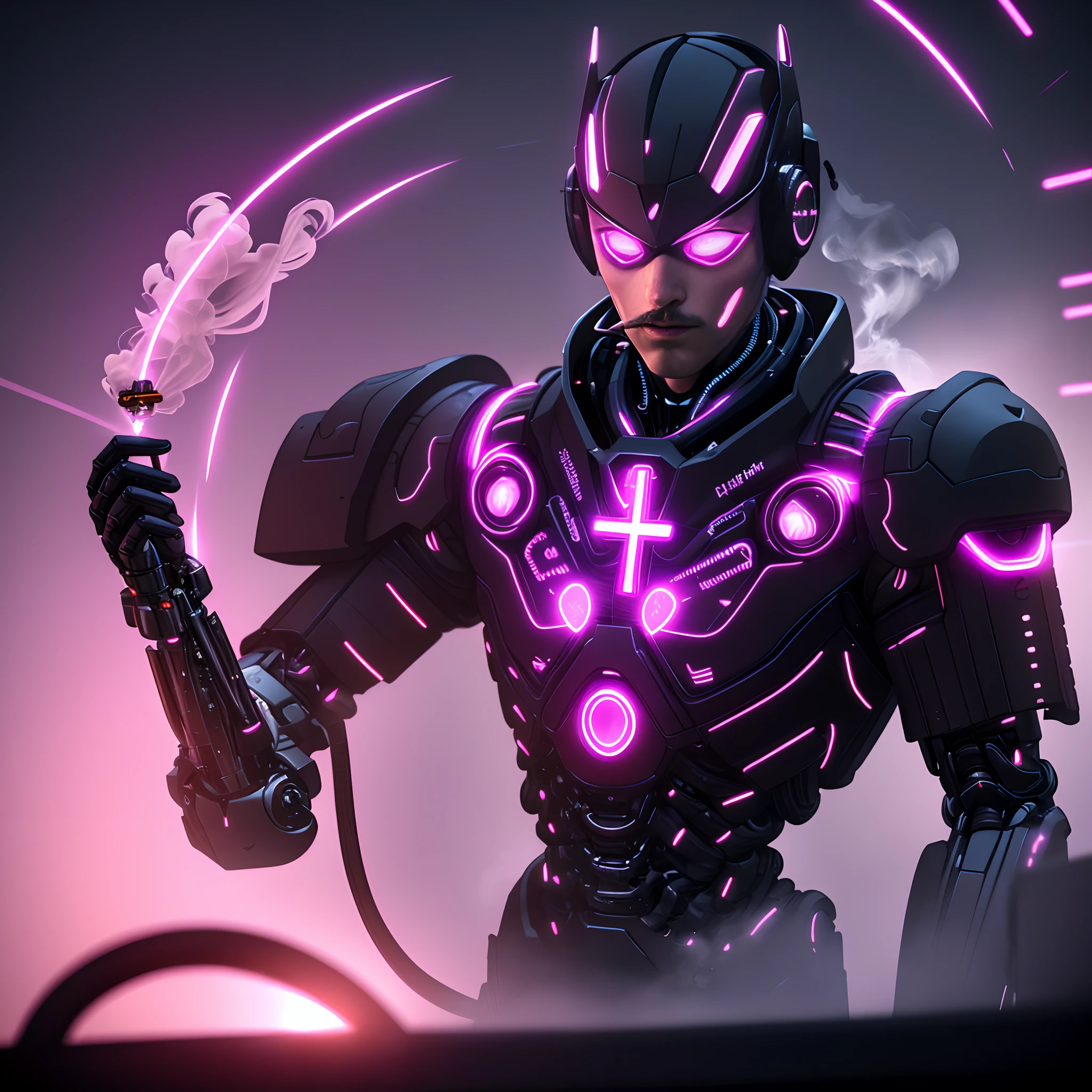 A man with a futuristic cybernetic headgear adorned with intricate wires, glowing symbols, and mechanical components, created using Unreal Engine for an ultra-realistic 3D render. The headgear covers his eyes, displaying illuminated symbols: three vertical lines on the left and a cross on the right. The background is bathed in a vibrant pink light, and the man has a cigarette in his mouth, emitting a thin trail of smoke